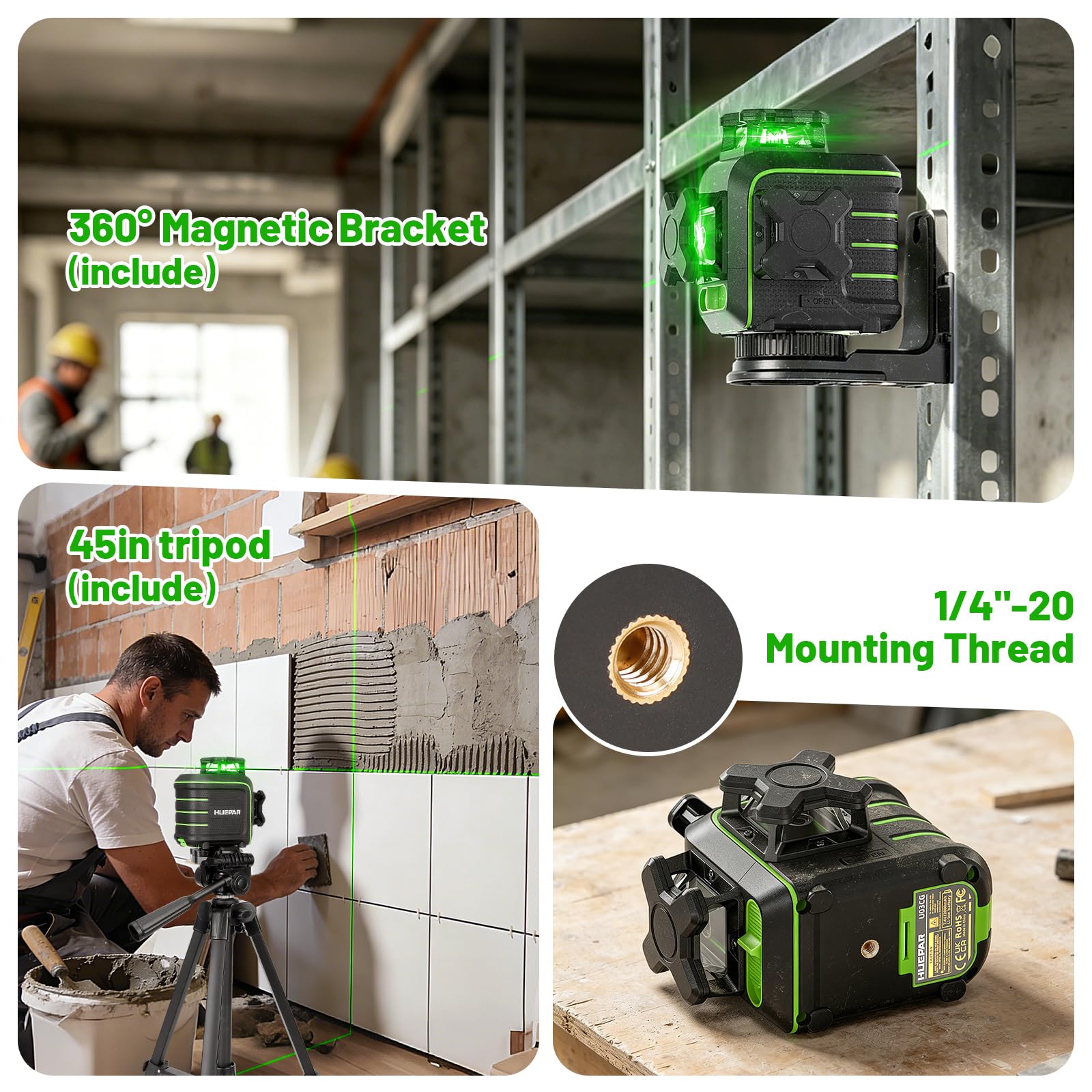 Huepar Livella Laser Verde 3x360°Autolivellante con Treppiede 1,2m, Resistente alle Cadute fino 1,5m,12 Linee,Supporto Magnetico 360°,Modalità Impulso,Portata 50m, Kit Professionale Completo U03CGT