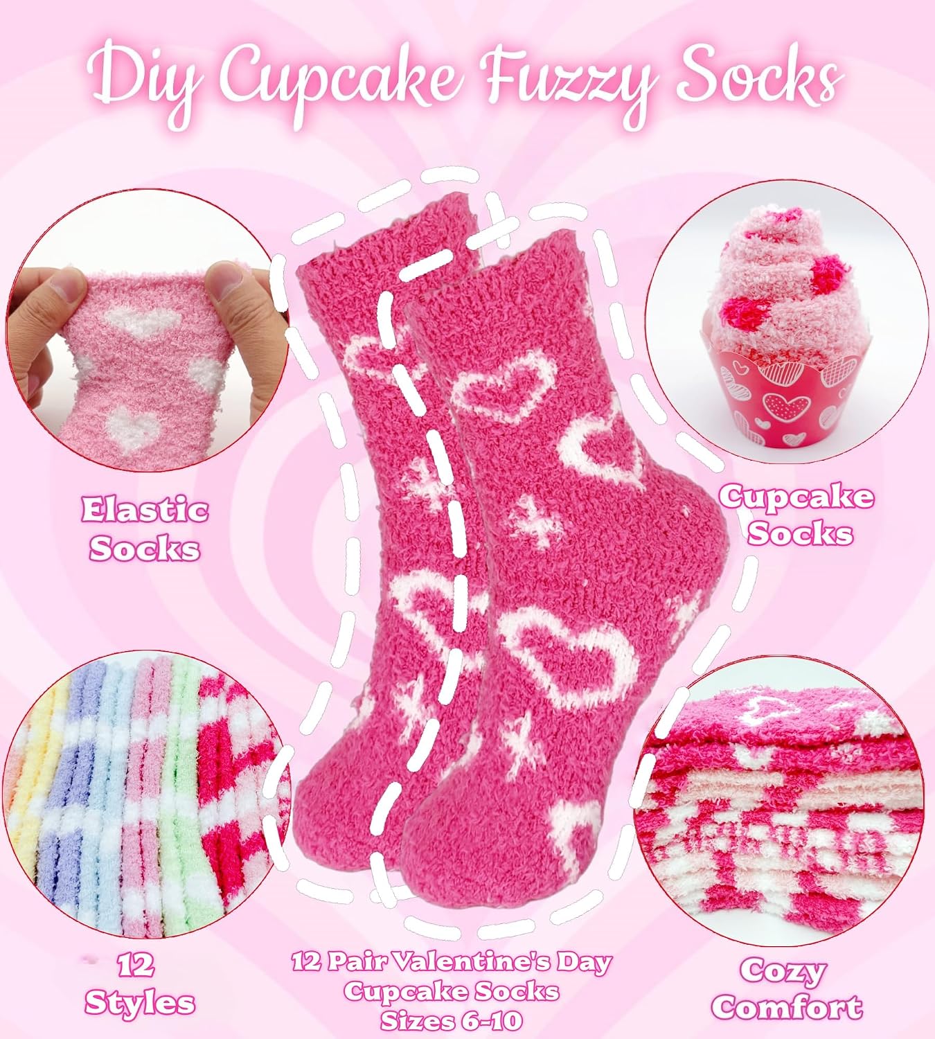 12 Pair Valentine's Day Fuzzy Socks for Women, Cupcake Gift DIY Set with Heart Print, Cozy Fluffy Crew Slipper Socks