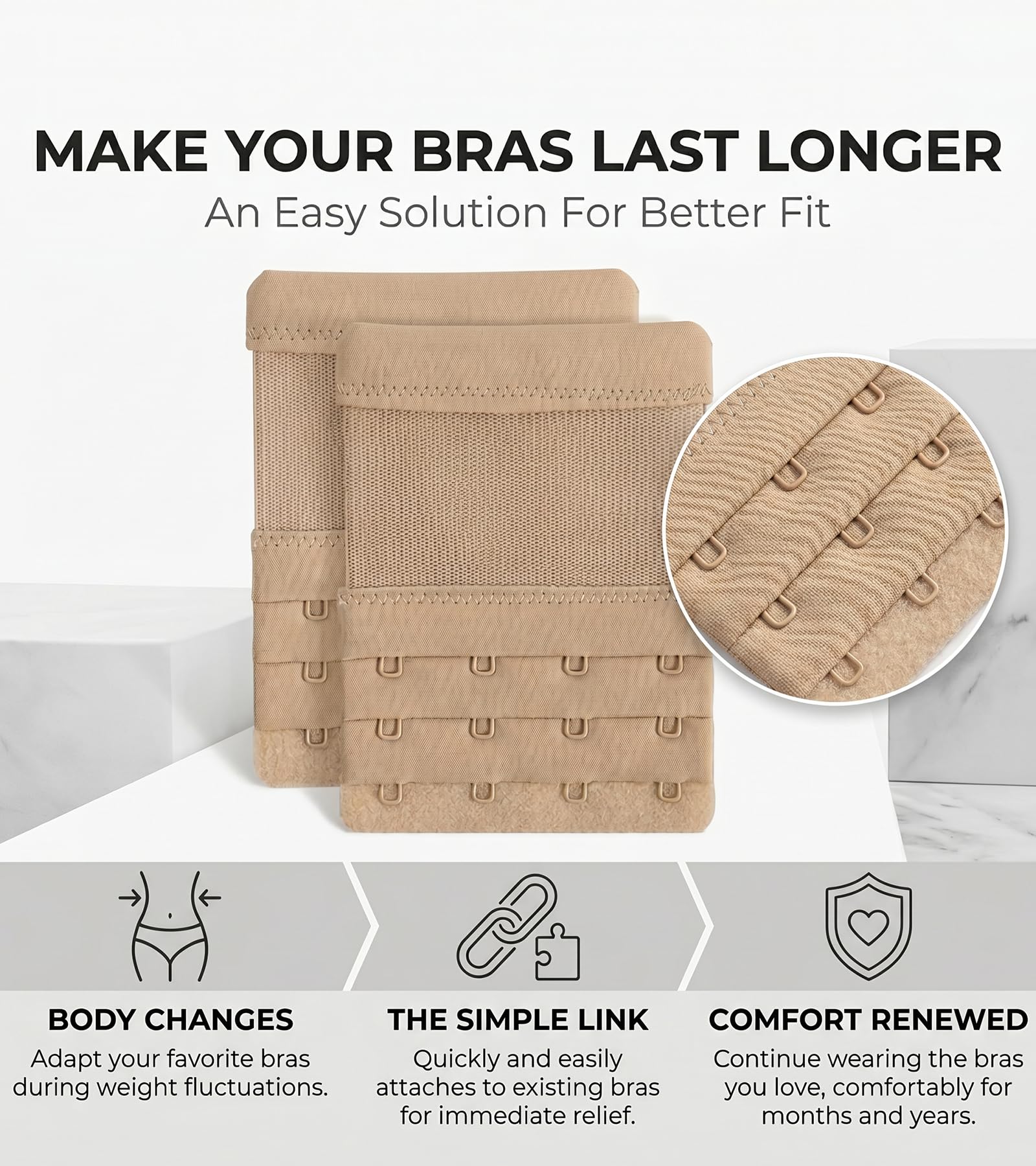 DClub Extensor de brasier con 2 ganchos, elástico, suave y cómodo, extensor de correa de brasier para mujeres en embarazo o aumento de peso., Piel, 3 PIECES