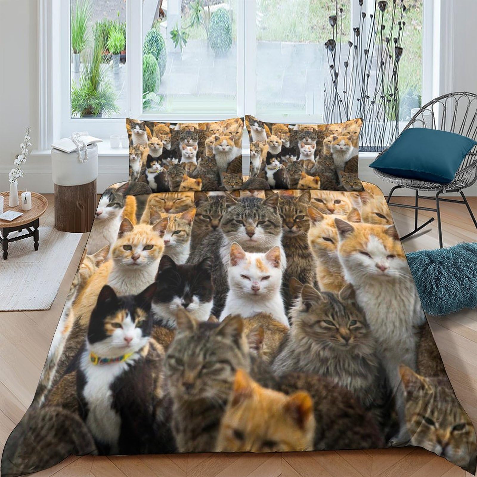 Parure de lit chat mignon 3D housse de couette 200x200cm microfibre avec taies d'oreiller