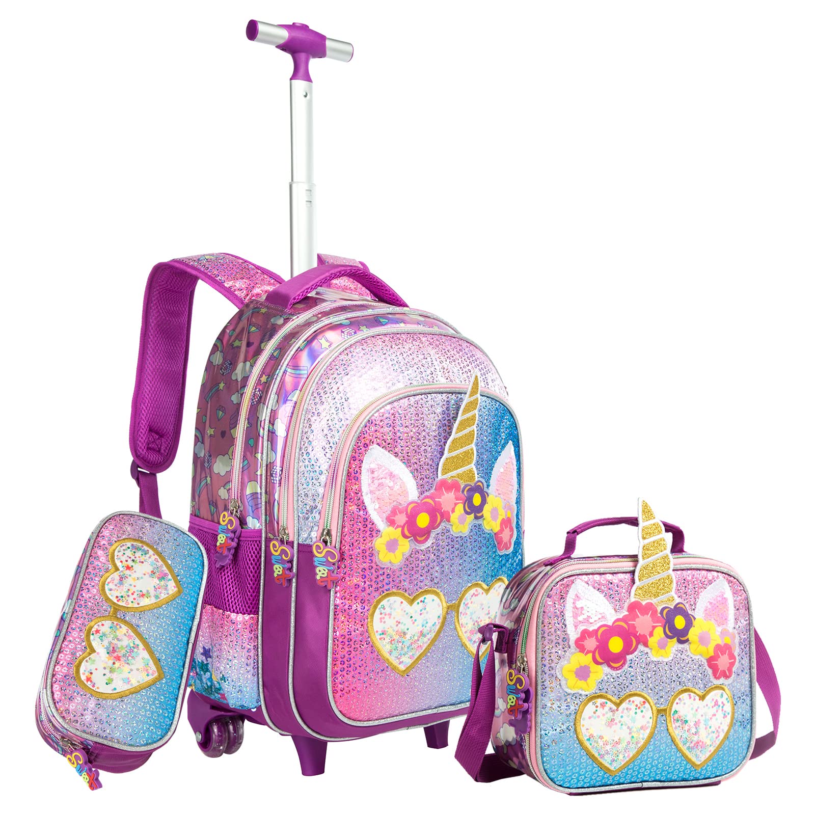 IvyH Mochilas Escolares con Ruedas Niñas, Mochila con 2 Ruedas Carro y Bolsa del Almuerzo y Estuche de Lápices Bolsos Escolares para Niños Chicas