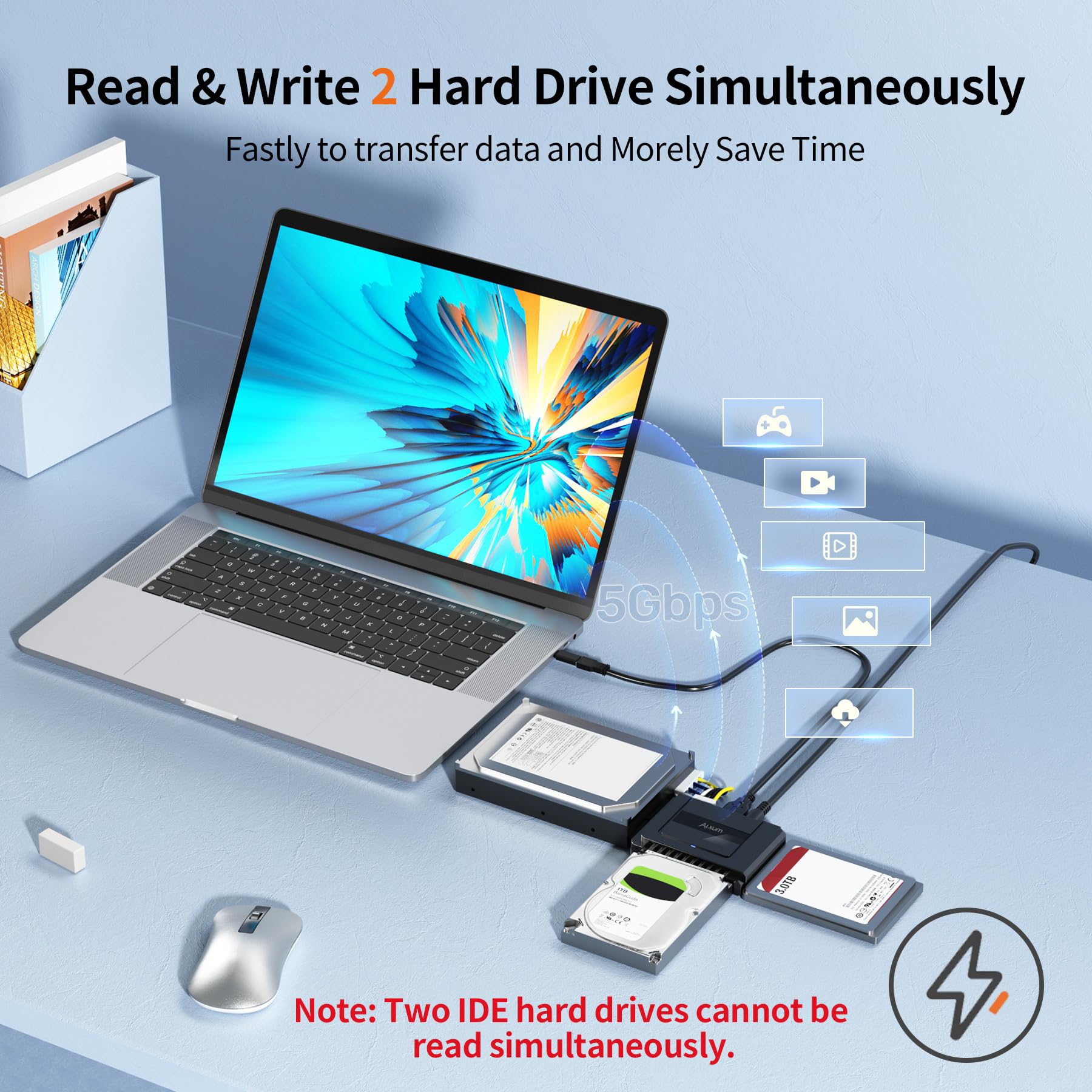 Alxum IDE do SATA Adapter Cable, Zewnętrzny czytnik dysku twardego dla 2,5/3,5 cala IDE HDD i SATA III HDD/SSD, z kablem USB C z A Adapter i 12V/2A zasilacz