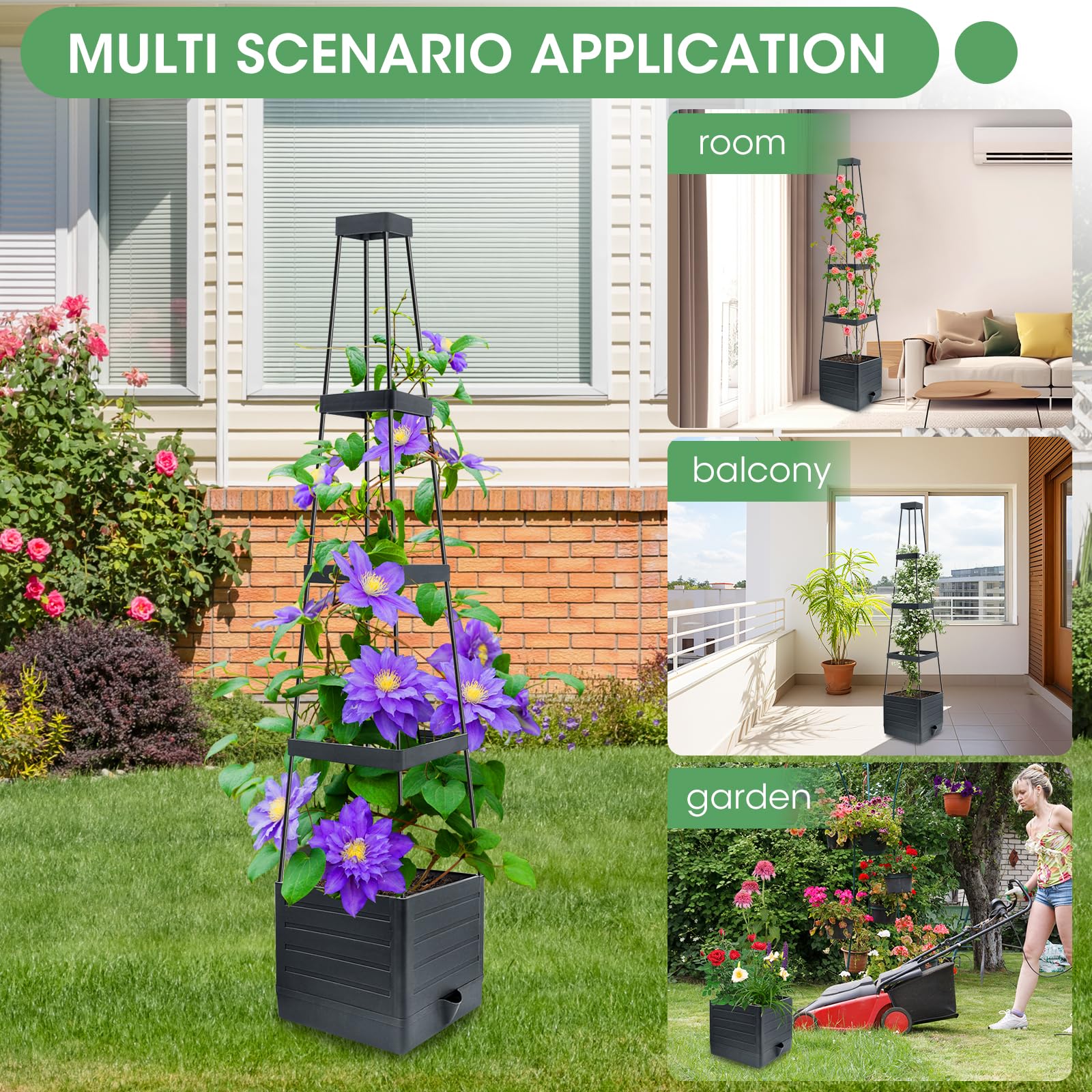 MQUPIN 2 pezzi Fioriera rialzata da giardino con traliccio,145cm fioriera a gabbia per pomodori, aiuolarialzata con traliccio, per rampicanti, verdure piante, auto-irrigante