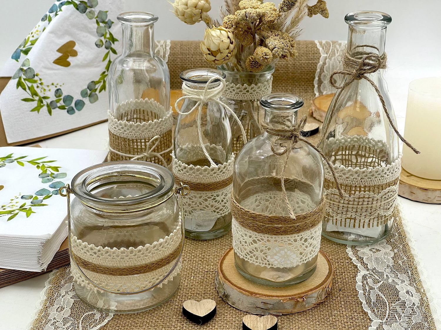 ZauberDeko Tischdeko Herz Gold Eukalyptus Holz Creme Natur Braun Spitze Hochzeit 20 Personen