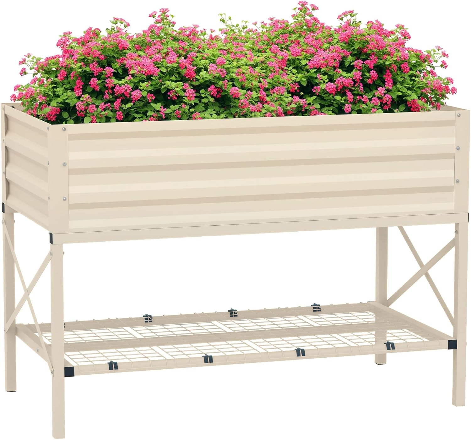 Outsunny Raised Garden Bed with Galvanized Steel Frame, Storage Shelf and Bed Liner, Elevated Planter Box with Legs for Vegetables, Flowers, Herbs, Cream