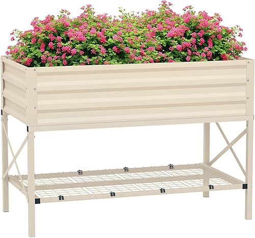 Miniatura 10 de Outsunny Cama de jardín elevada con marco de acero galvanizado, estante de almacenamiento y forro de cama, maceta elevada con patas para verduras,