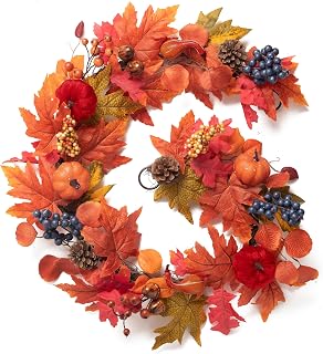 Valery Madelyn 6 Feet Fall Garland for Mantel, Decorative Garlands for Table Centerpiece，Fall Decoration for Home, Artificial Fall Leaves Pumpkin Garland for Thanksgiving Autumn Harvest Door Décor