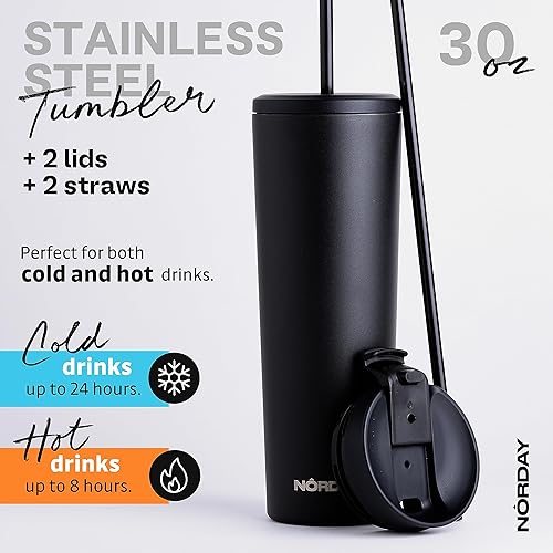Miniatura 3 de NORDAY Vaso con tapa y popote  Bloom 30oz  Vaso aislado negro  Vaso de acero inoxidable  Taza de café de doble pared  Mantiene la temperatura