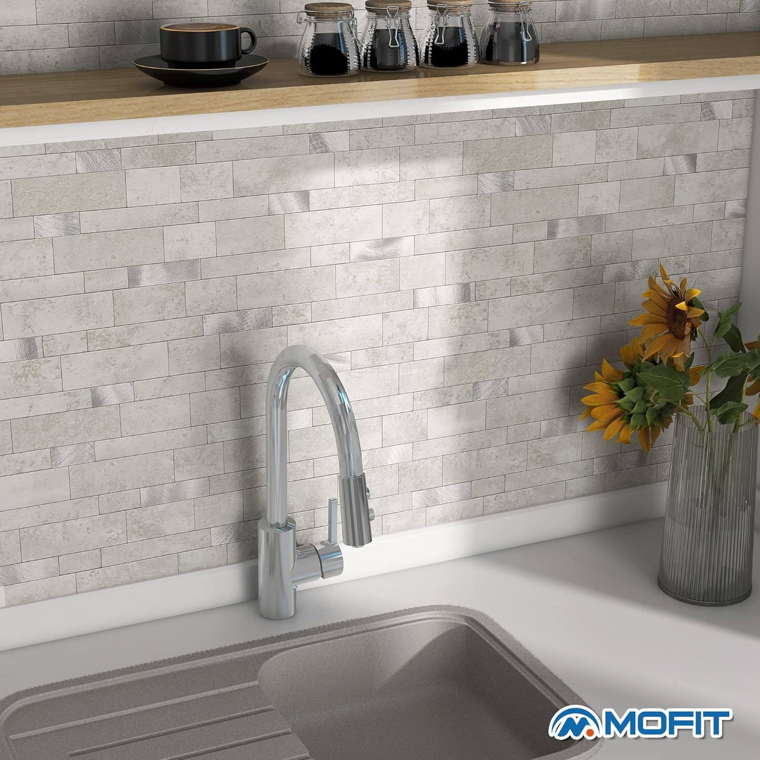 MOFIT Backsplash Tile for Kitchen Peel and Stick Stone Matte Finish,Bathroom Tiles Stickers 3D Wall Panel Linear Mosaic Marble Backsplash Waterproof(10sheets,Cement Grey)