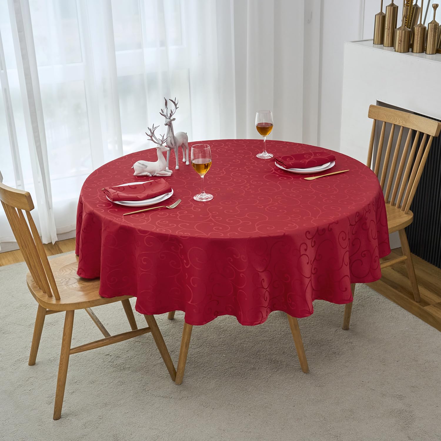Marina Decoration Jacquard Waterproof Thick Elegant Luxury Premium Solid Damask Branch Scroll Decorative Home Kitchen Tablecloth Liquid Repellent and Stain Resistant, Red Color Round 70 Inch