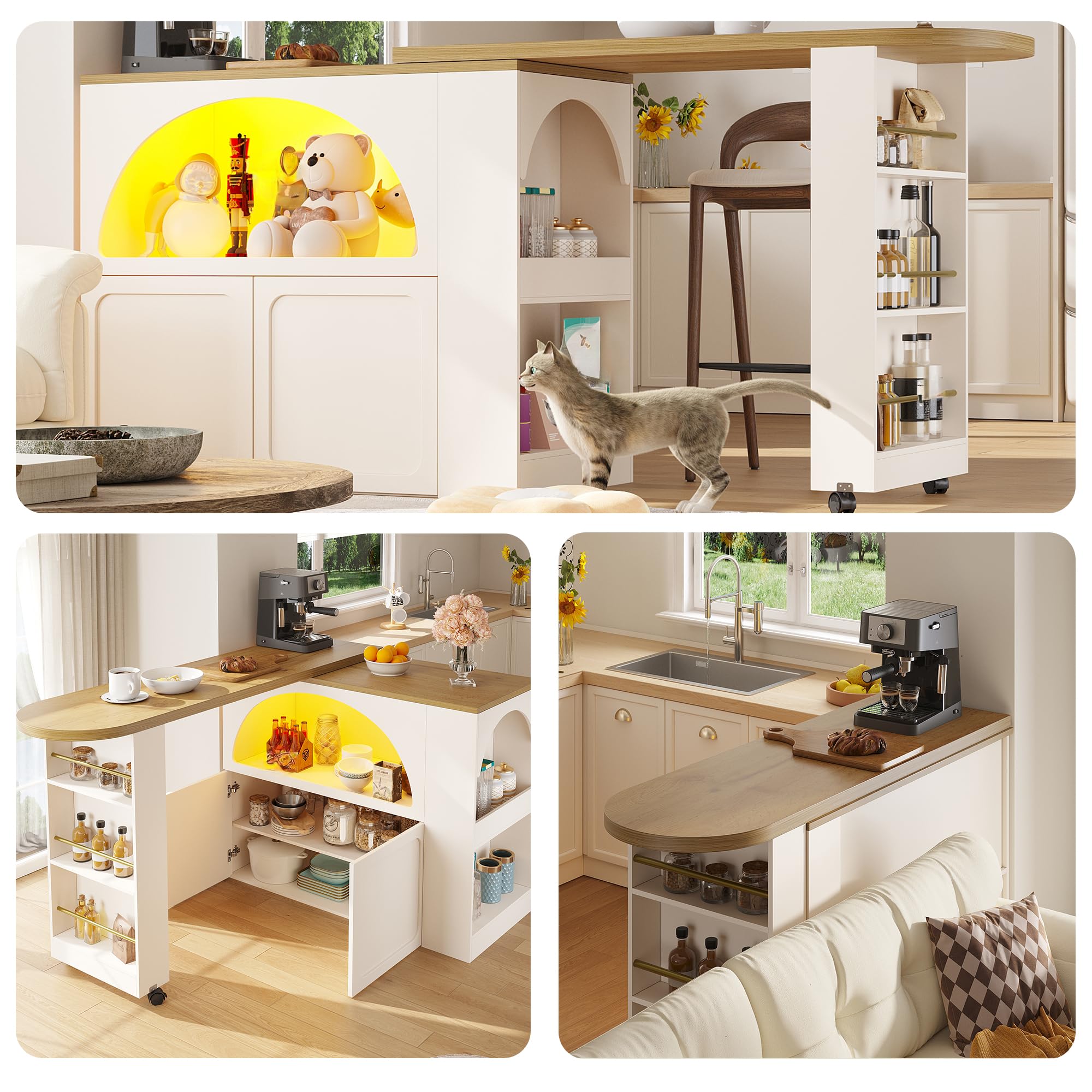 Tavolo bar bianco 135-205 cm penisola cucina estensibile telescopica luci LED musica porta USB ruote bloccabili porte arco ammortizzate mdf solido carico 60kg per salotto sala da pranzo ufficio