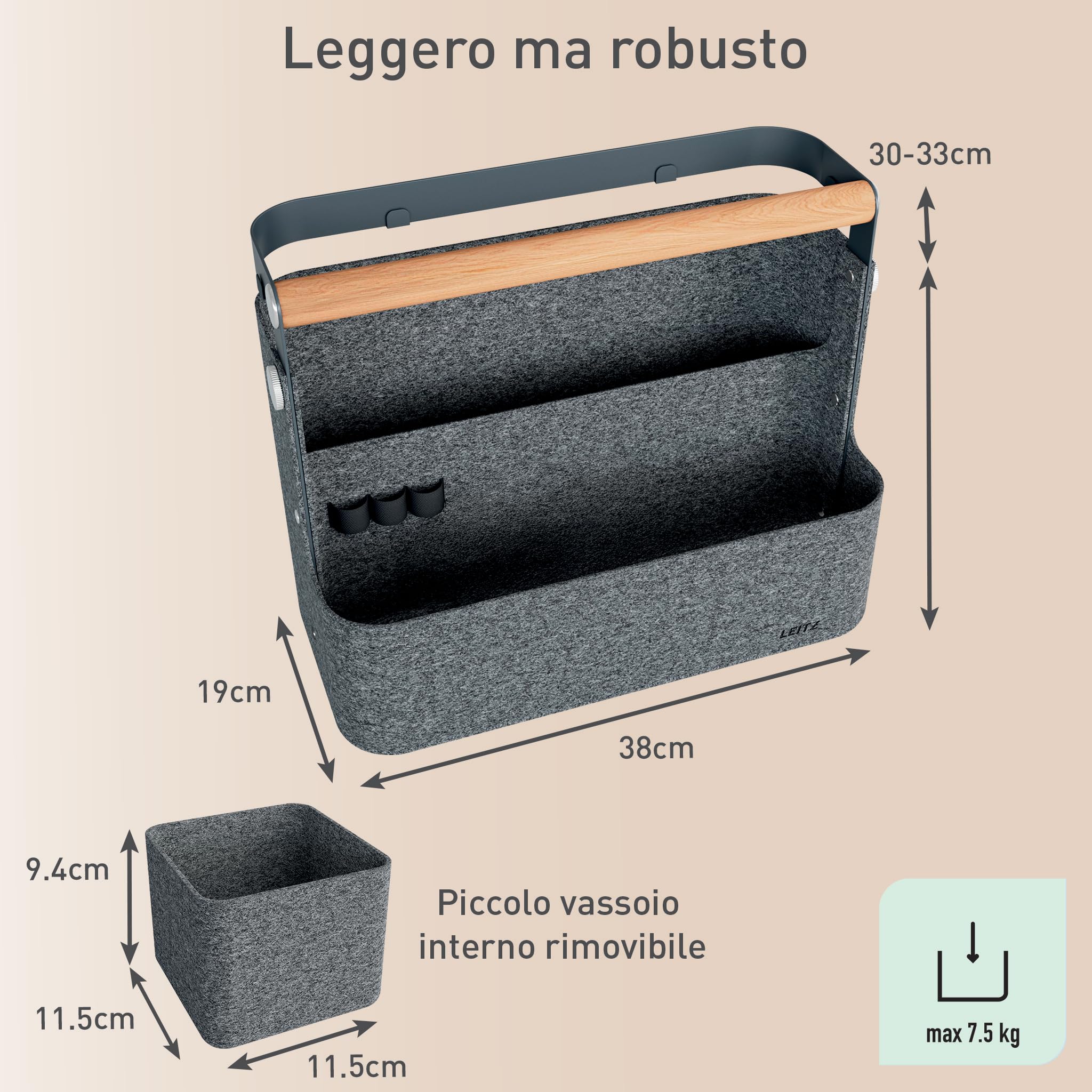 Leitz Organizer da Scrivania Portatile con Manico - Organizer per Hot Desk con Funzione Appendibile, Manico in Legno, Vassoio Interno Rimovibile e Porta Oggetti Elastici - 38 x 19 x 30-33cm