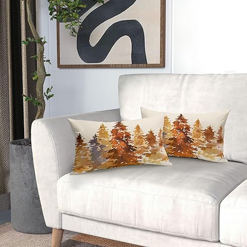 Miniatura 6 de Juego de 2 fundas de almohada lumbar de árbol otoñal naranja quemado de 12 x 20 pulgadas, fundas de almohada rectangulares con temática de otoño en