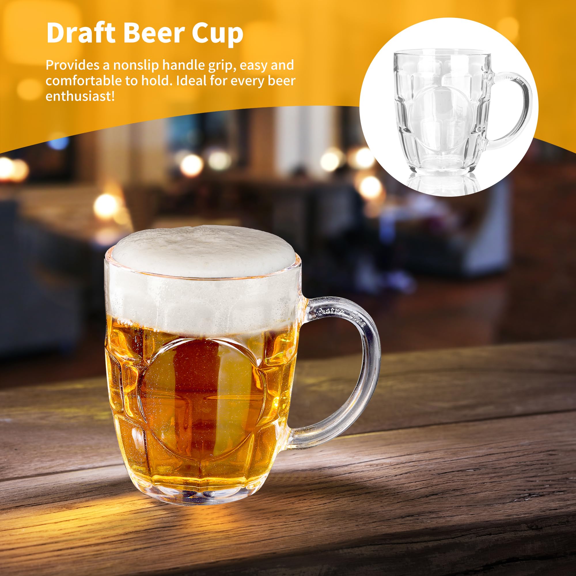 Lot de 6 tasses à bière en verre de 500 ml avec poignée | Tasse à bière pour congélateur, verres transparents pour bières, jus, boissons, thé, bar, maison