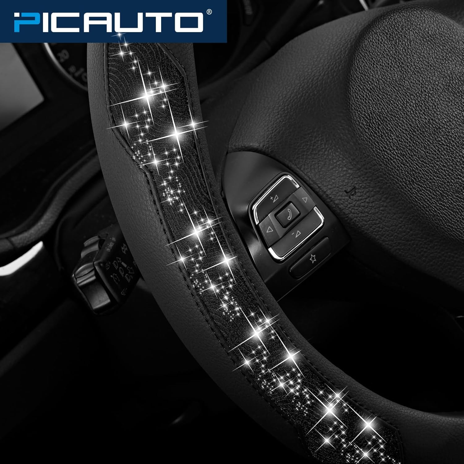 PIC AUTO Steering Wheel Cover, Black Sparkly Crystal Bling Glitter with Leather, Universal Fit 14.5"-15.5" Car Steering Wheels for Girls & Women, Anti-Slip Wheels Cover for Cars, Trucks, Van, SUVs - Image 5