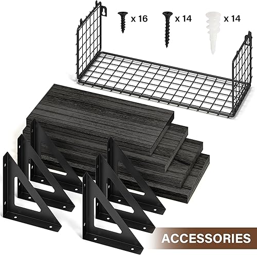 Miniatura 9 de Estantes flotantes 4+1 para decoración de pared, estantes de pared con cesta de almacenamiento de alambre, estantes de baño sobre el inodoro,