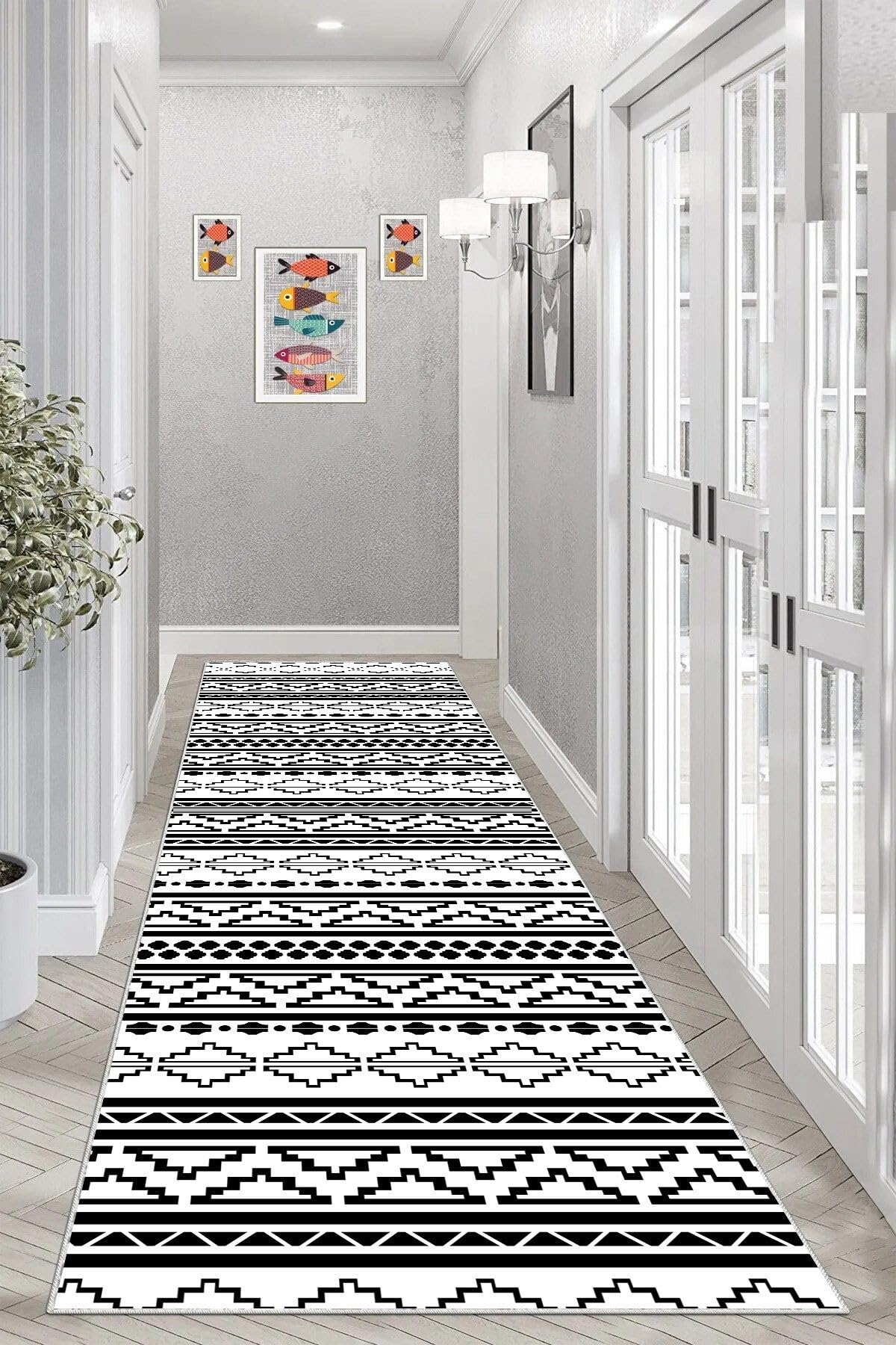 Pelangi Geometrik Çizgi Desenli Dijital Baskı Yıkanabilir Kaymaz Taban Etnik Kilim Desen Salon Halı, Siyah-Beyaz-Gri 80 x 250, 9554146802507