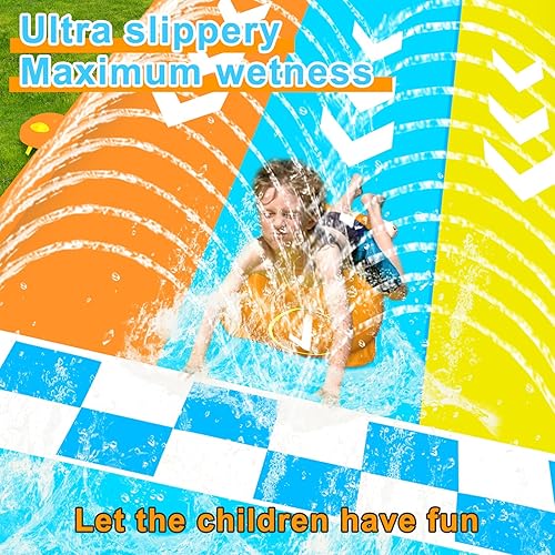 Miniatura 6 de Tobogán acuático extra largo de 25 pies para niños, tobogán de agua de triple carril para césped y toboganes de agua con 3 tablas de bodyboard,