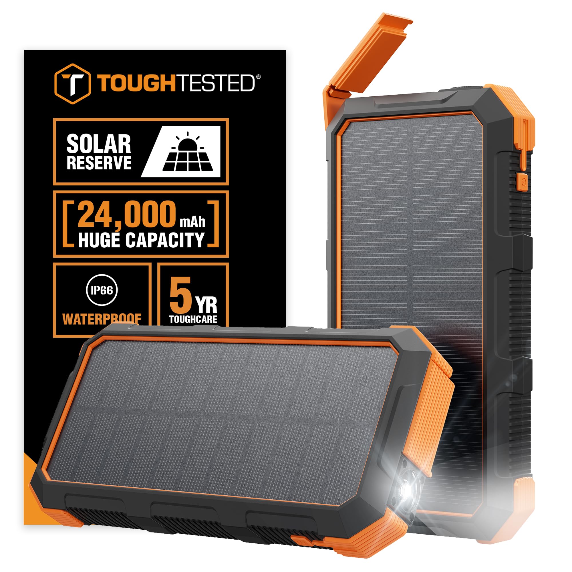 ToughTested 24000mAh Solar Power Bank Portable Charger, Fast Charging External Battery Pack with LED Flashlight, IP66 Waterproof, Dustproof, Shockproof USB-C Power Bank for Camping, Travel & Emergency