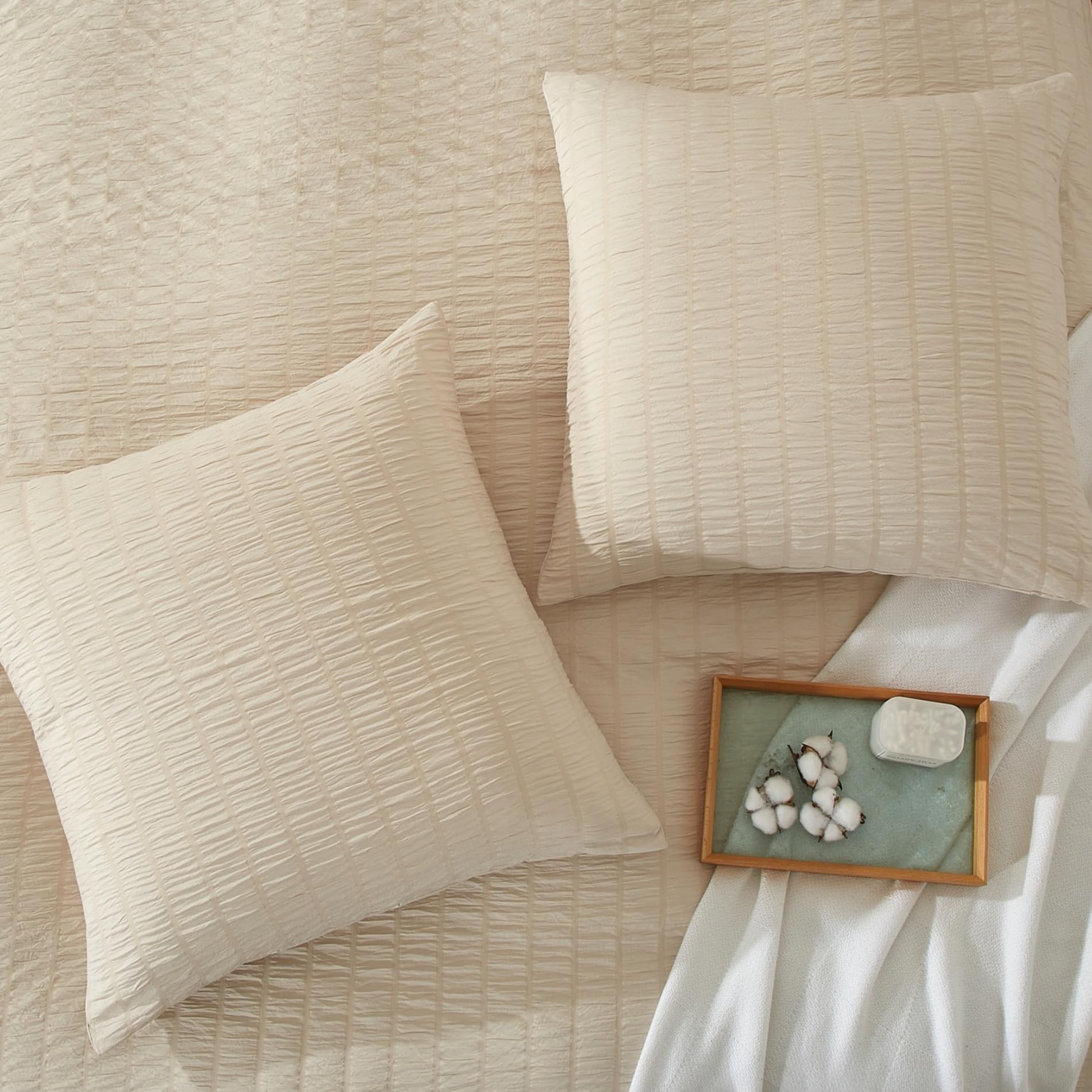 set di biancheria da letto in seersucker, 220 x 240 cm, beige a righe, stile moderno, 3 pezzi, in microfibra, morbido, traspirante, con copripiumino e 2 federe da 80 x 80 cm, con cerniera