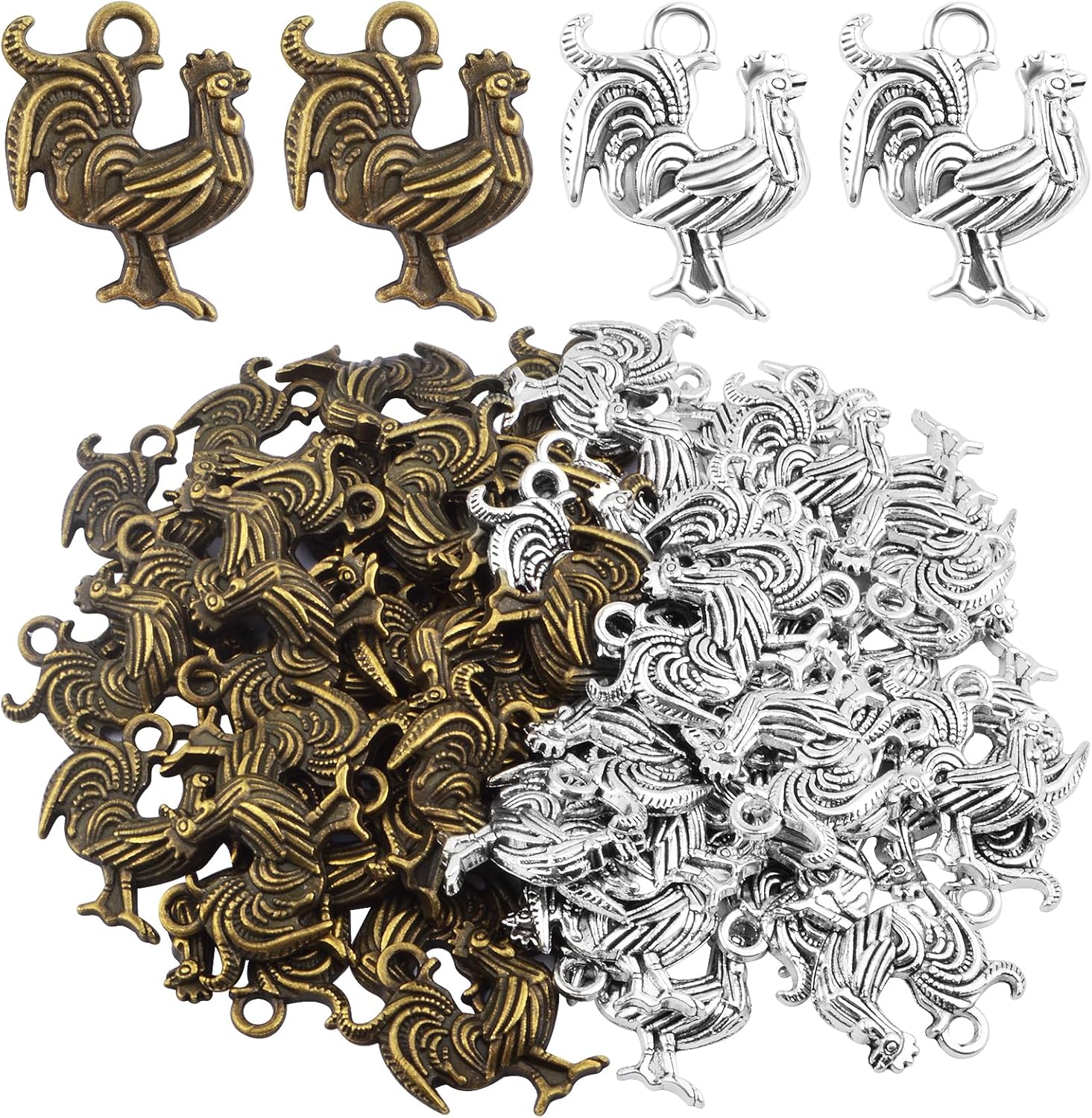 60 Pieces Antique Chicken Rooster Charms Tibetan Alloy Chicken Farm Animal Figures Dangle Pendants for DIY Bracelets Necklaces Jewelry Making Supplies, 2 Colors