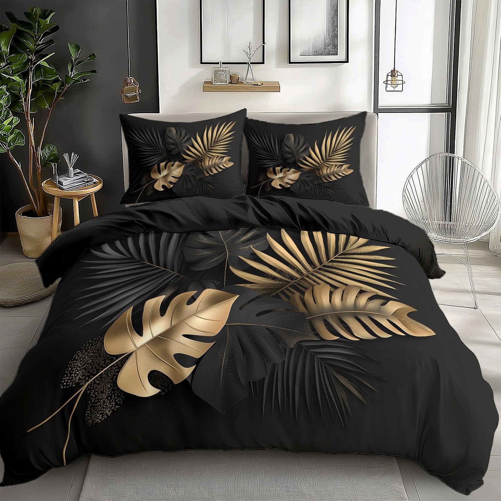 Parure de lit enfant luxe jungle 3D or et noir avec housse de couette 220x240 cm chic et confortable