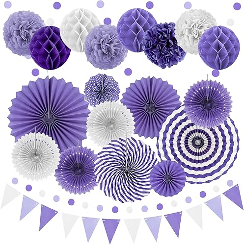 Miniatura 16 de Decoración de fiesta de feliz cumpleaños azul marino y dorado, 24 abanicos de papel colgantes, guirnalda de flores con pompones, guirnalda