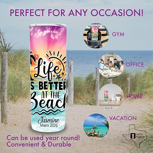Miniatura 4 de AVITO Vaso de playa personalizado – Vaso de acero inoxidable delgado de 20 onzas – Regalo de vacaciones – Life Is Better at the Beach – Vasos de