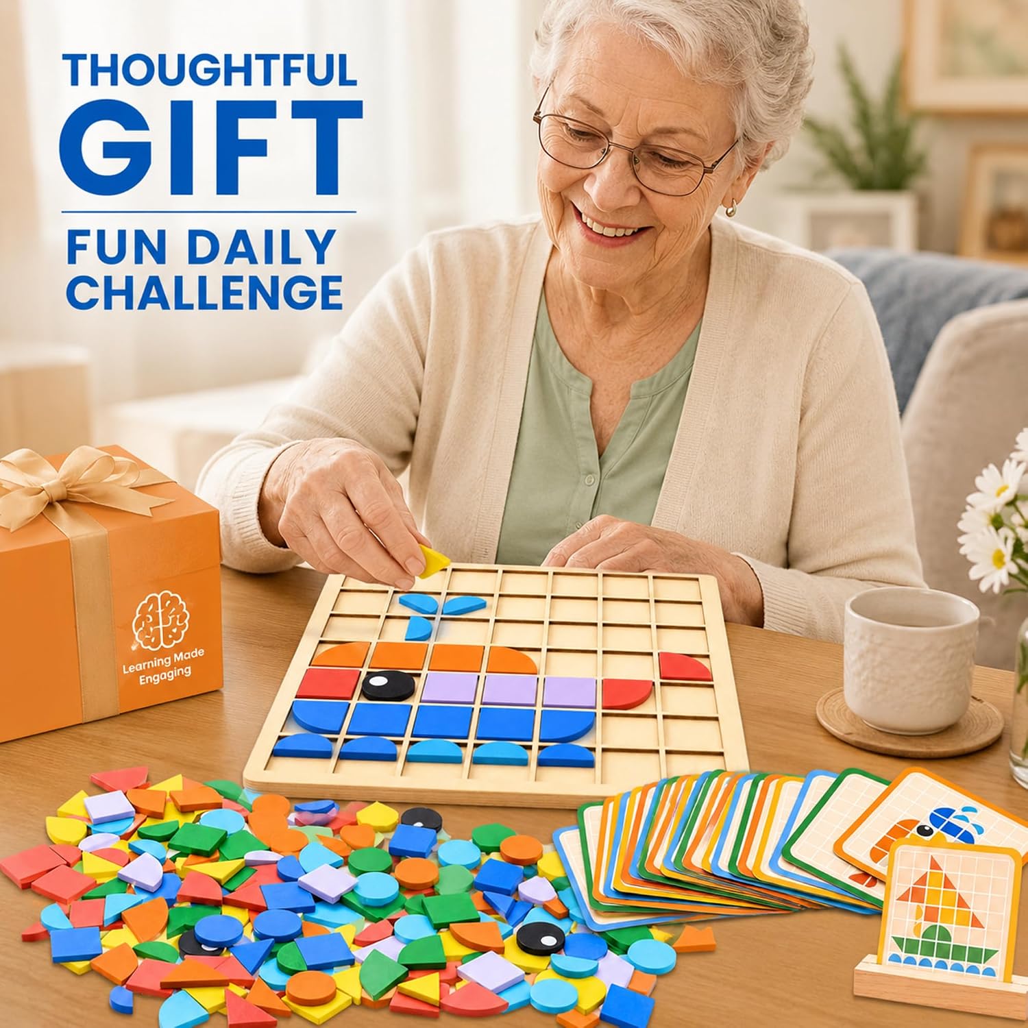 Soulchen 130 Pcs Wooden Matching, Puzzle Block Dementia Activities for Seniors, Colorful Geometric Shape Puzzle Tiles for Alzheimer Elderly, Cognitive Brain Training, Occupational Gift