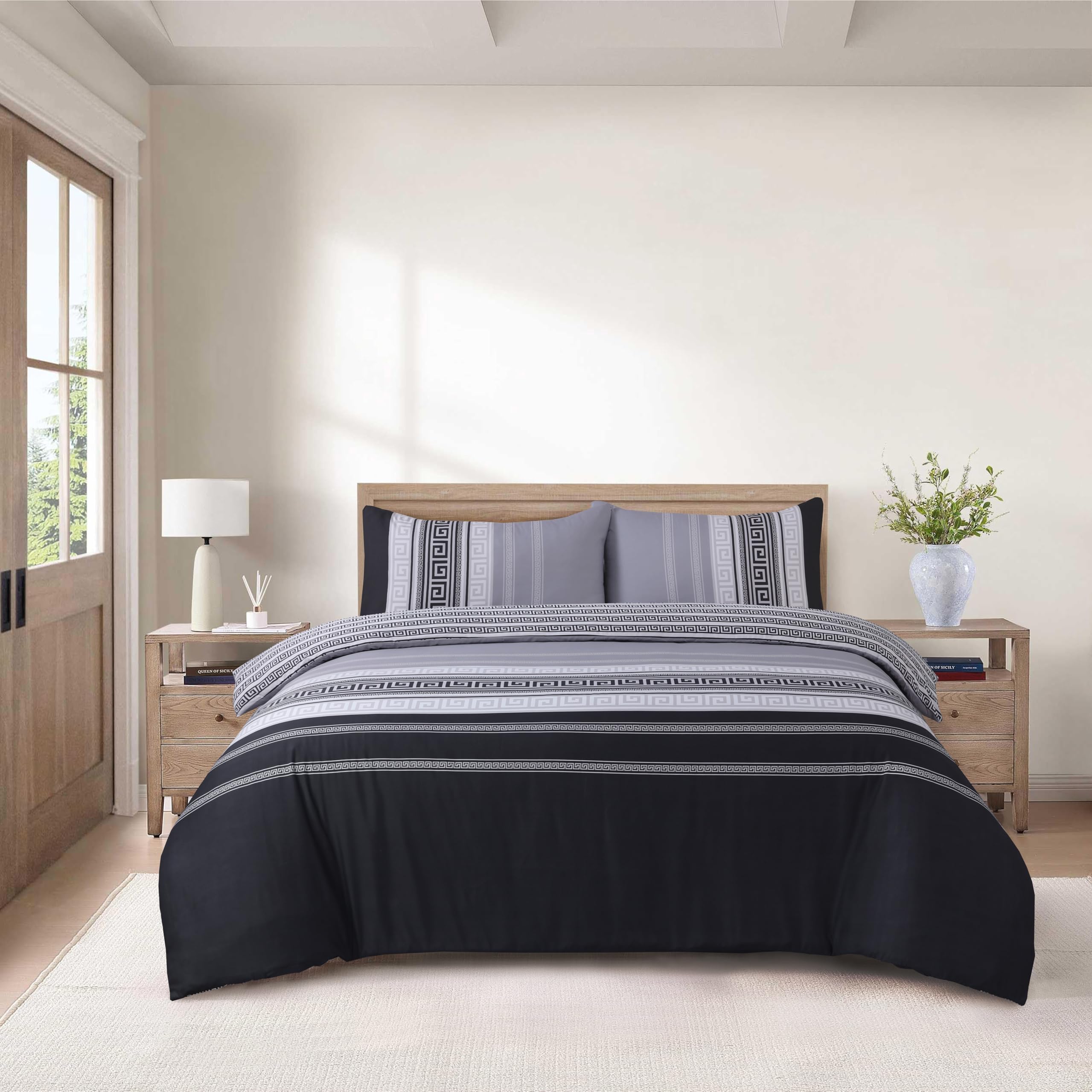CHARKHAH 4 Piece Complete Bedding Set – Microfiber Reversible Duvet Cover, Deep Fitted Sheet & 2 Pillowcases | Soft, Breathable & Elegant - MF-QA-COM-SET-DOUBLE-GREEK-BLACK-GREY