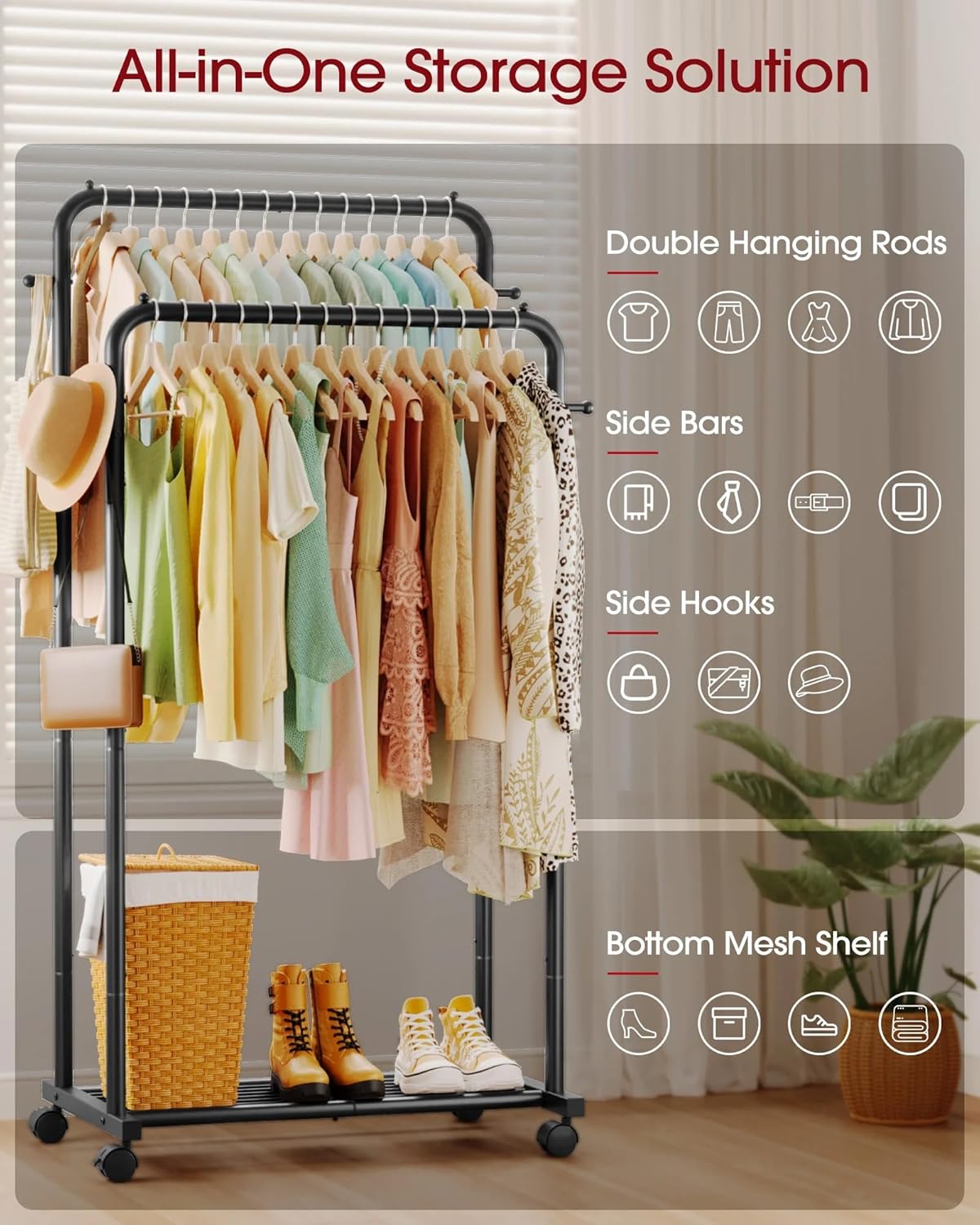 Double-Rod Garment Rack with Hooks and Mesh Shelf, Rolling Clothes Rack for Hanging Clothes, Hats, Bags, Portable Heavy Duty Clothing Rack with Wheels, Black, 32.7"×16"×59.1", 170lb Capacity