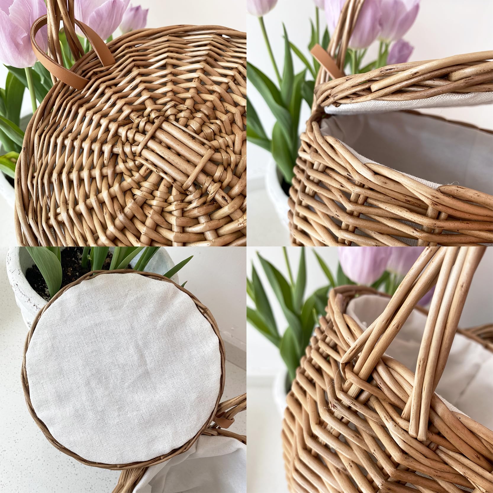 1 borsa in vimini di salice naturale con coperchio (20 x 34 cm), realizzata a mano, borsa a secchiello retrò con coperchio, cestino rotondo per fiori, fioriere sospese, borsa tote in rattan