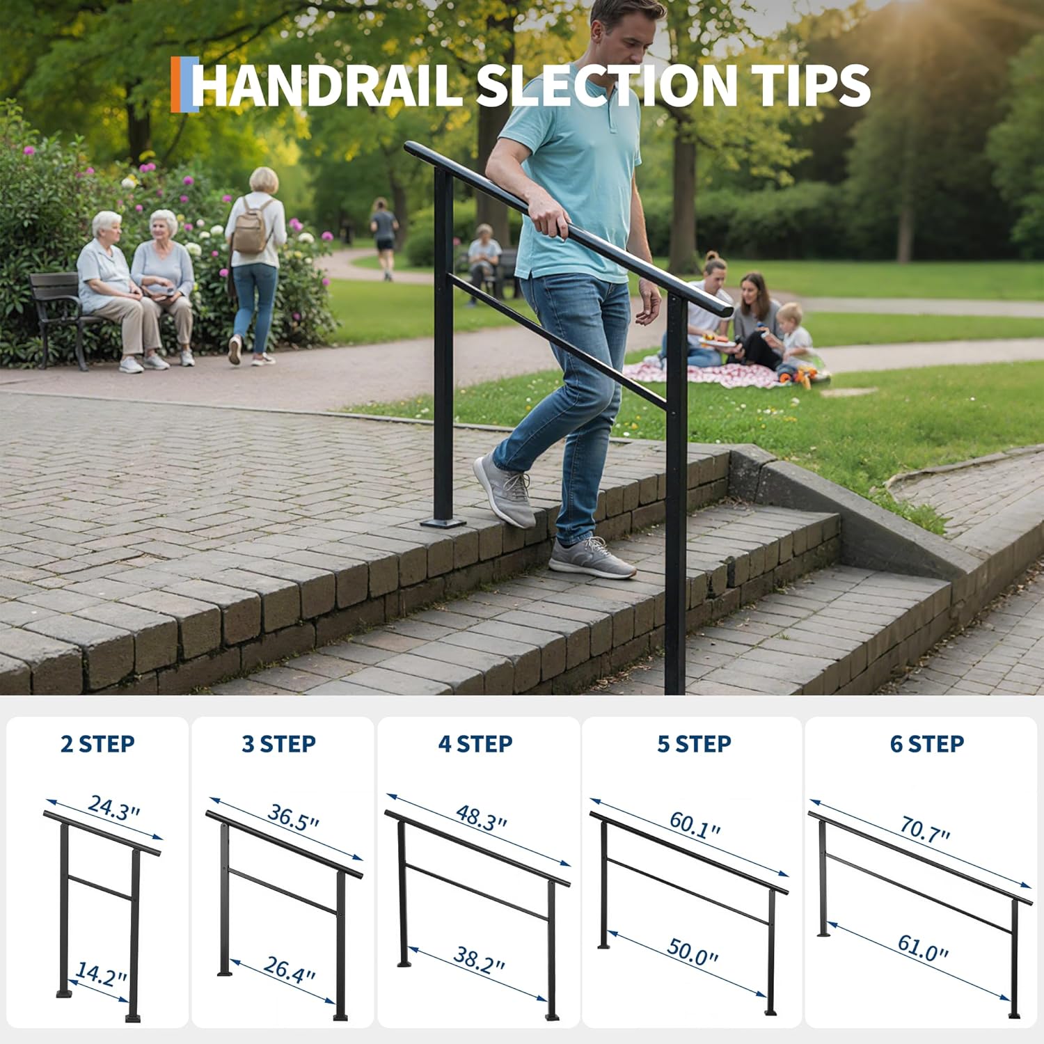 IDEALHOUSE 4 Step Outdoor Stair Handrail Kit, Black Aluminum & Iron Construction for Porch Steps, Easy Tool-Assembly Safety Railing, All Hardware & Gloves Included (1 Pack)