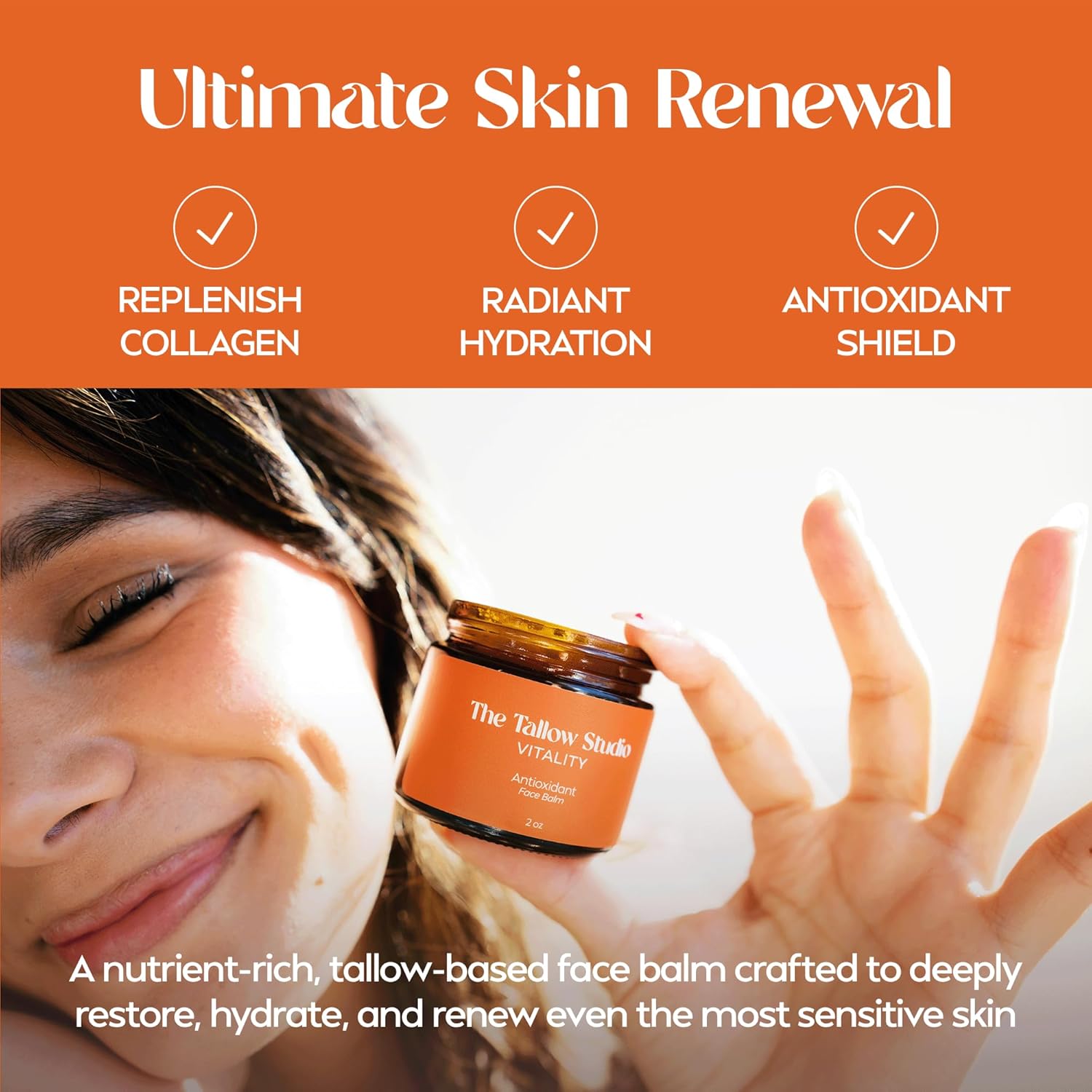 Antioxidant Tallow Face Balm for Dry & Sensitive Skin — Grass Fed Beef Tallow Face Moisturizer with Cacay Oil, Frankincense & Astaxanthin — Deeply Hydrating, Chemical Free — 1 oz