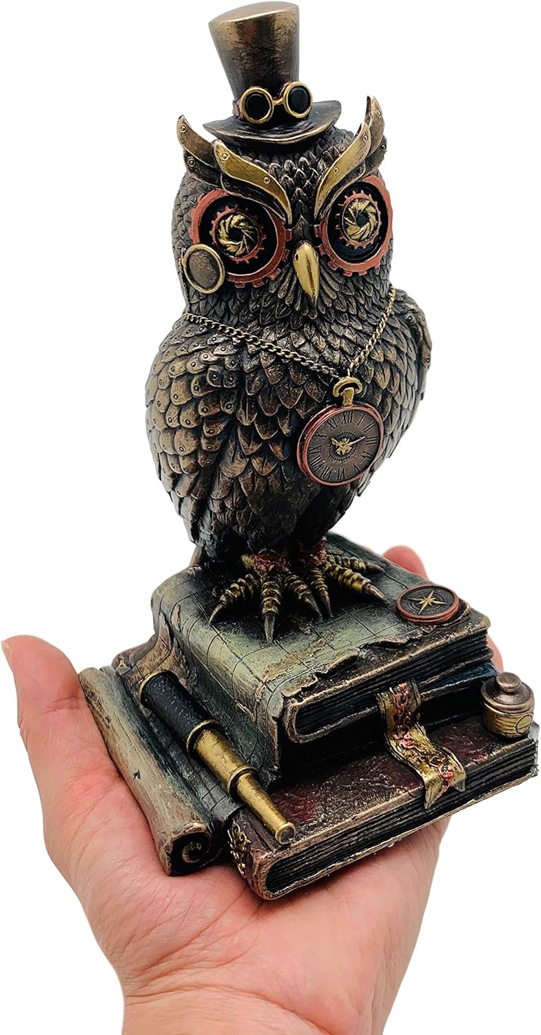Veronese Design 8 1/8" Tall Steampunk Top Hat Owl Standing on Book Stacks