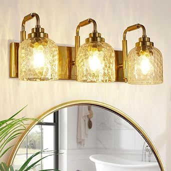 3-Light Gold Bathroom Vanity Light, Modern Vanity Lighting Fixture for Bathroom, Coastal Vanity Lights with Crystal Glass Shade, for Mirror Bedroom Hallway