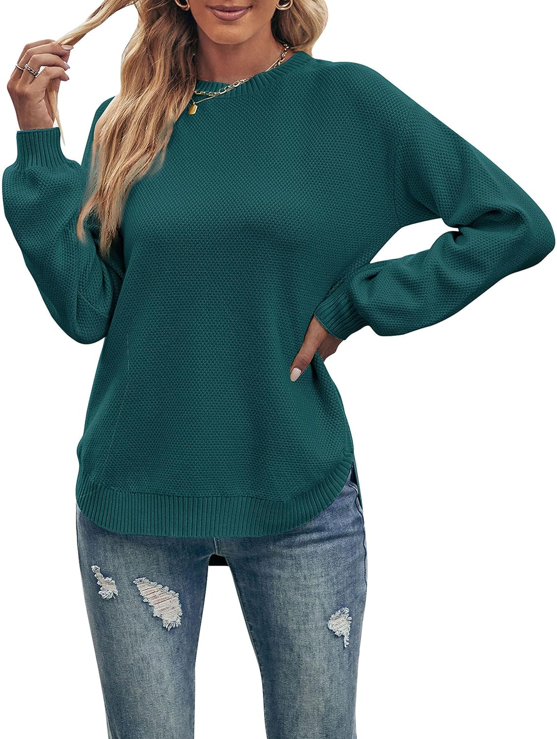 MEROKEETY Women's Fall Sweaters 2025 Cozy Knit Sweater Casual Loose Side Split Pullover Jumper Tops