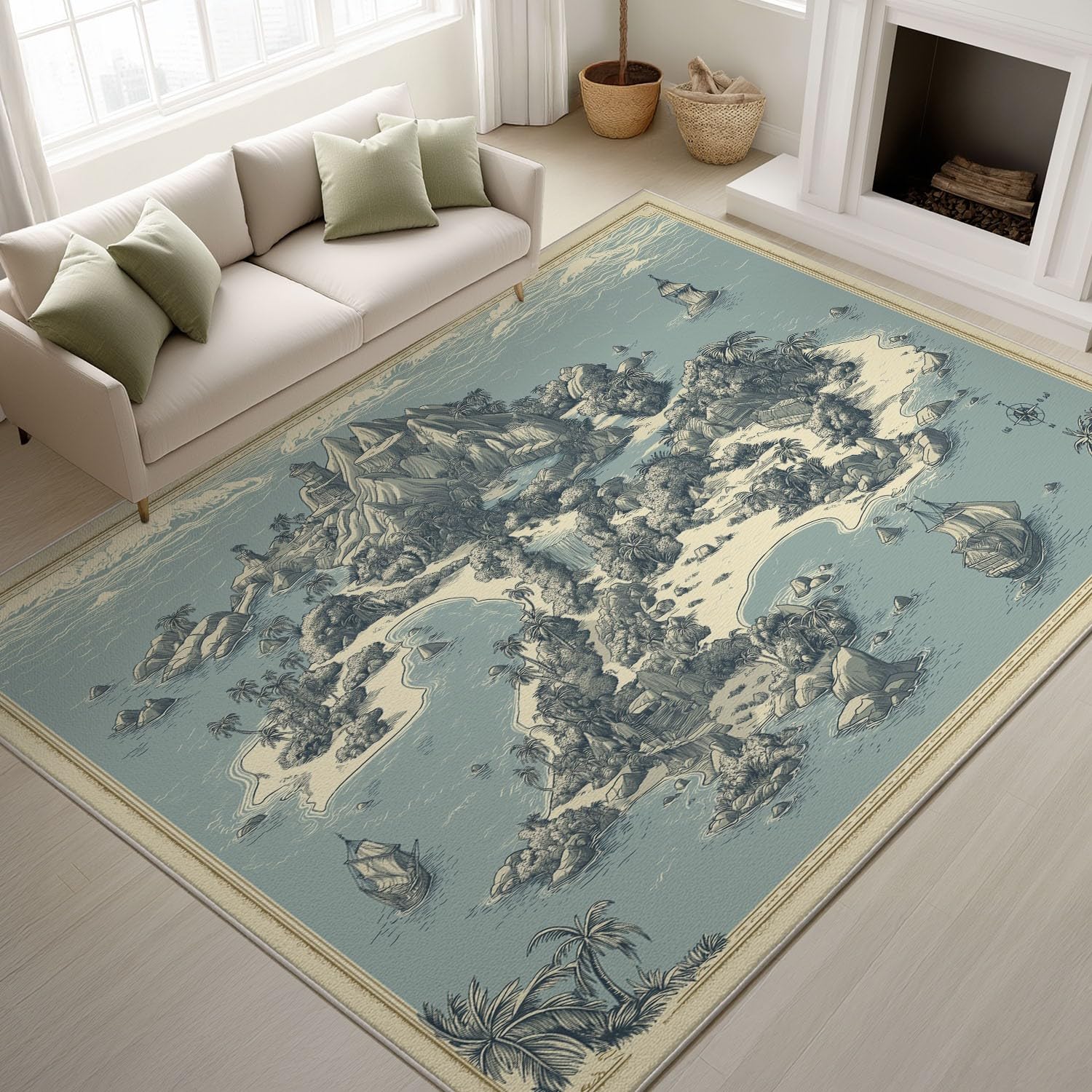 Generico Tappeti stampati 160 x 230 cm, Vintage classico Tappeto antiscivolo Montagna spiaggia giungla linee mappa Studio sala giochi, Tappeti lavabili, Blu grigio