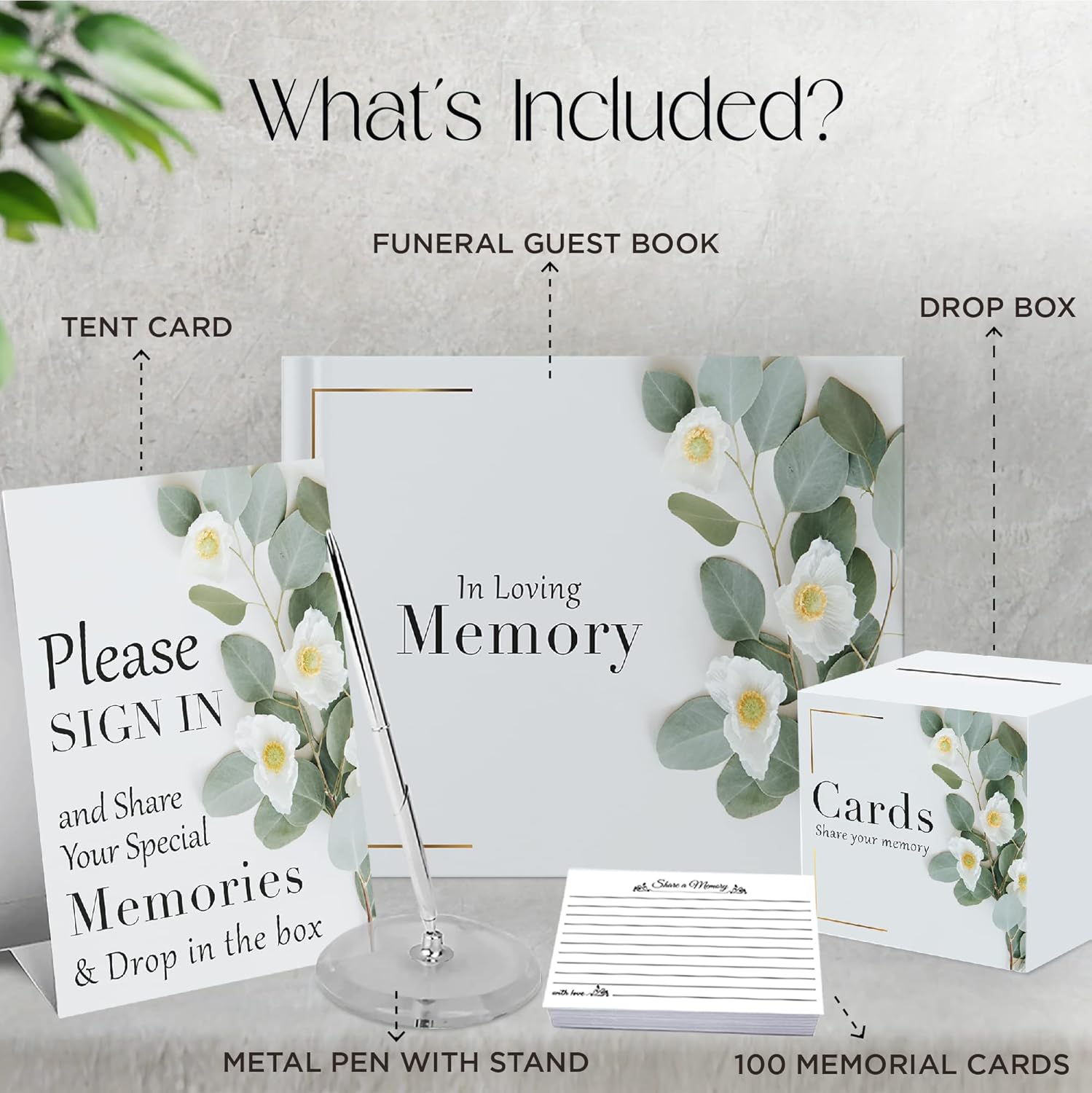 7 pcs Guest Book Set, Funeral Guest Book, Includes: Guestbook, 50 Memory Cards, Ball Pen+Pen Stand, Table Sign, Card Box, Mailer Box, Celebration of Life Guest Book, Registry Book, Memory Book