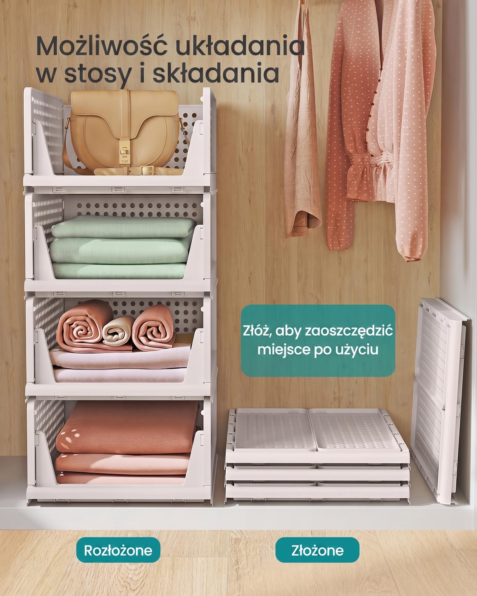 SONGMICS Organizery do Szafy, Zestaw 8, Wysuwane Kosze, 33 x 43 x 18,5 cm | Plastikowe Pojemniki do Przechowywania, Składane i Sztaplowane, Biały, Kolekcja DENNYS LPC800WZ01