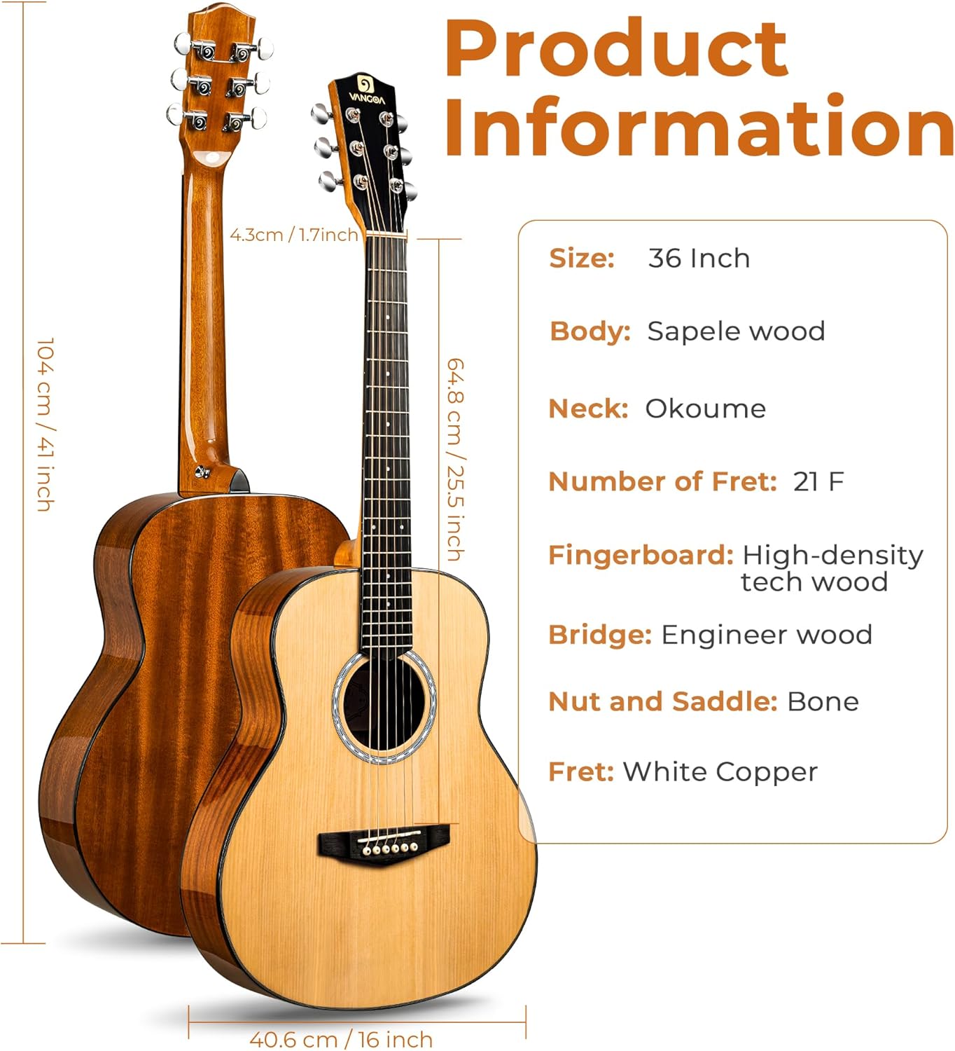 Vangoa 3/4 Acoustic Guitar Kit, 36 Inch Acustica Guitarra Dreadnought Bundle for Beginner Adult Youth Travel With Steel String Spruce Wood Gig Bag Tuner Pickguard, Right Hand