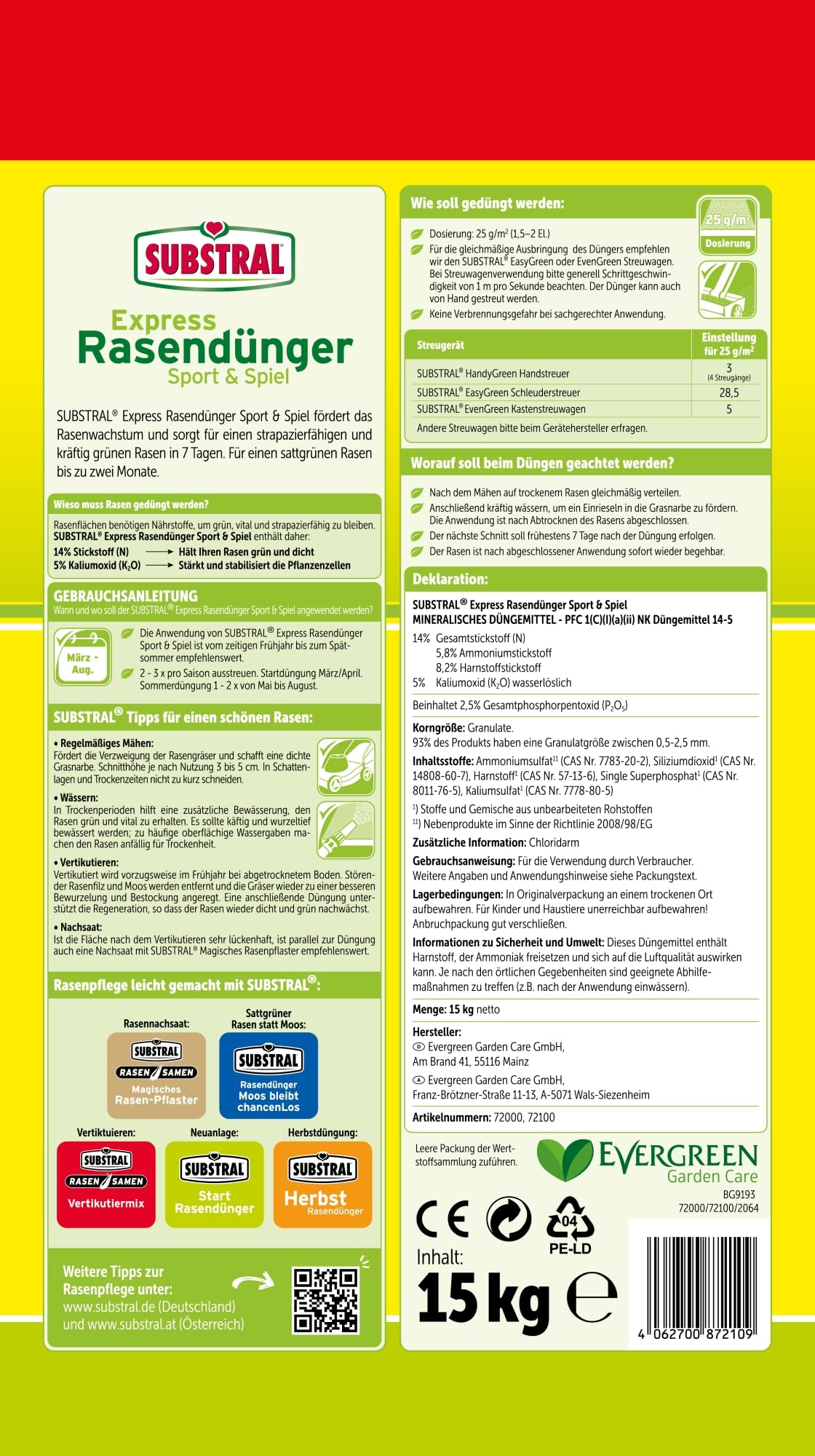 Substral Express Rasendünger Sport & Spiel 15kg Turbo - Rasendünger für 600 m² schnelle Wirkung für dichten und strapazierfähigen Rasen geeignet für Streuwagen und Mähroboter