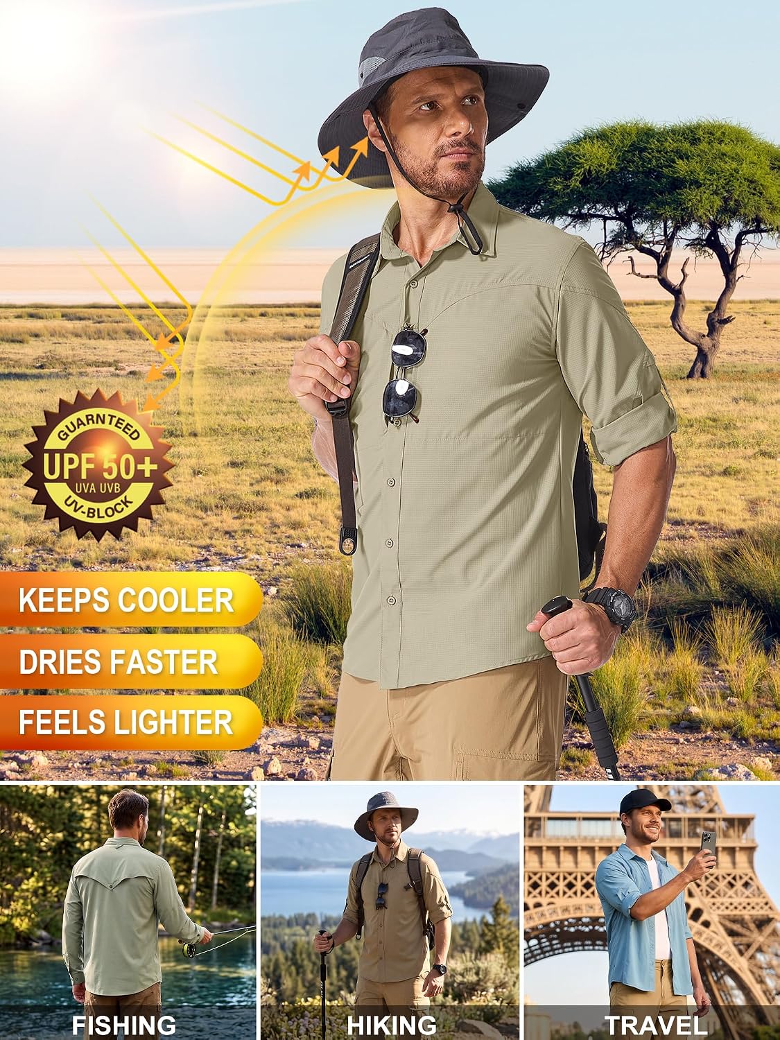 Men's Safari Shirts Sun Protection Long Sleeve UPF 50 UV Quick Dry Travel Hiking Fishing Shirts with Zipper