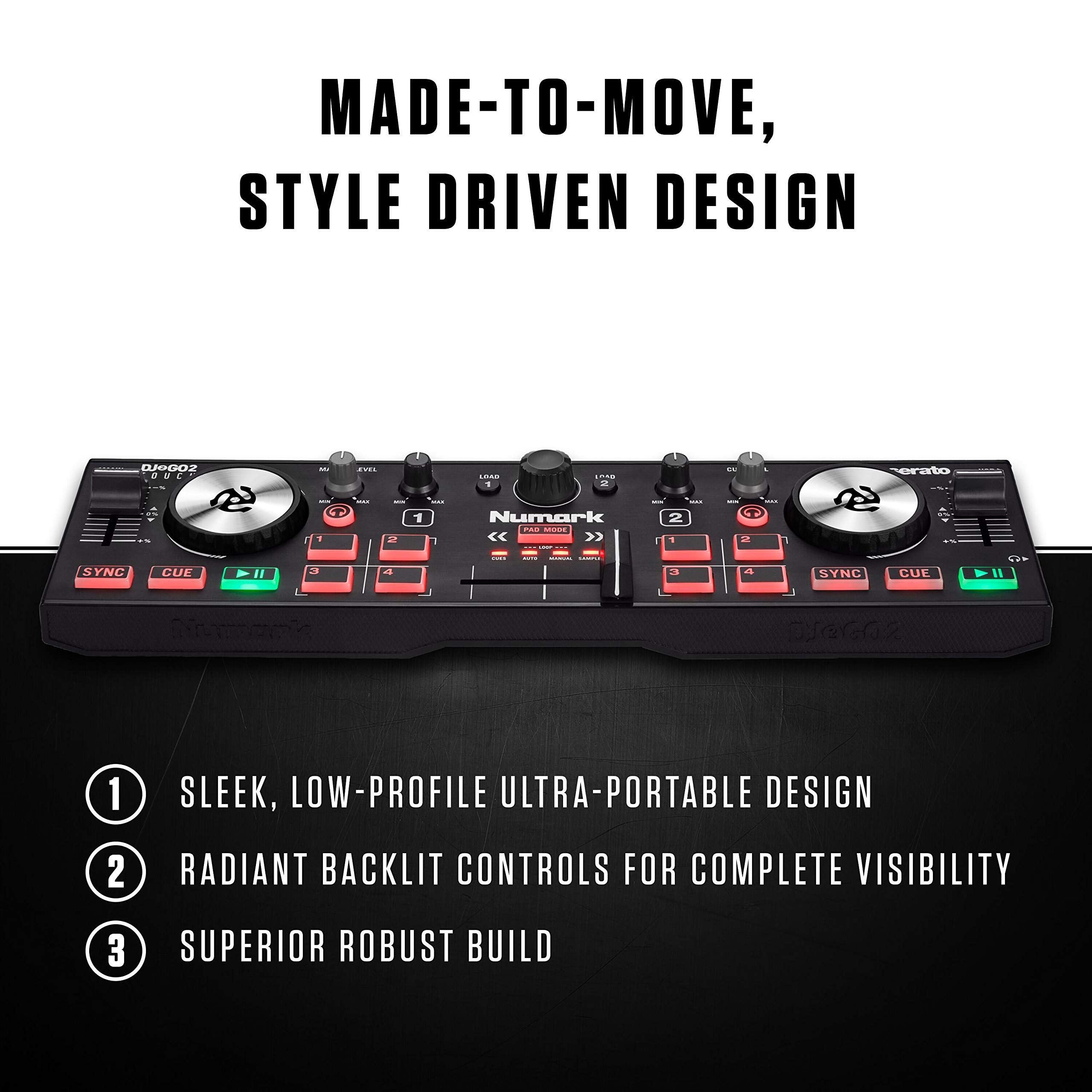 Numark DJ2GO2 Touch Compact 2 Deck USB DJ Controller with Mixer / Crossfader, Audio Interface