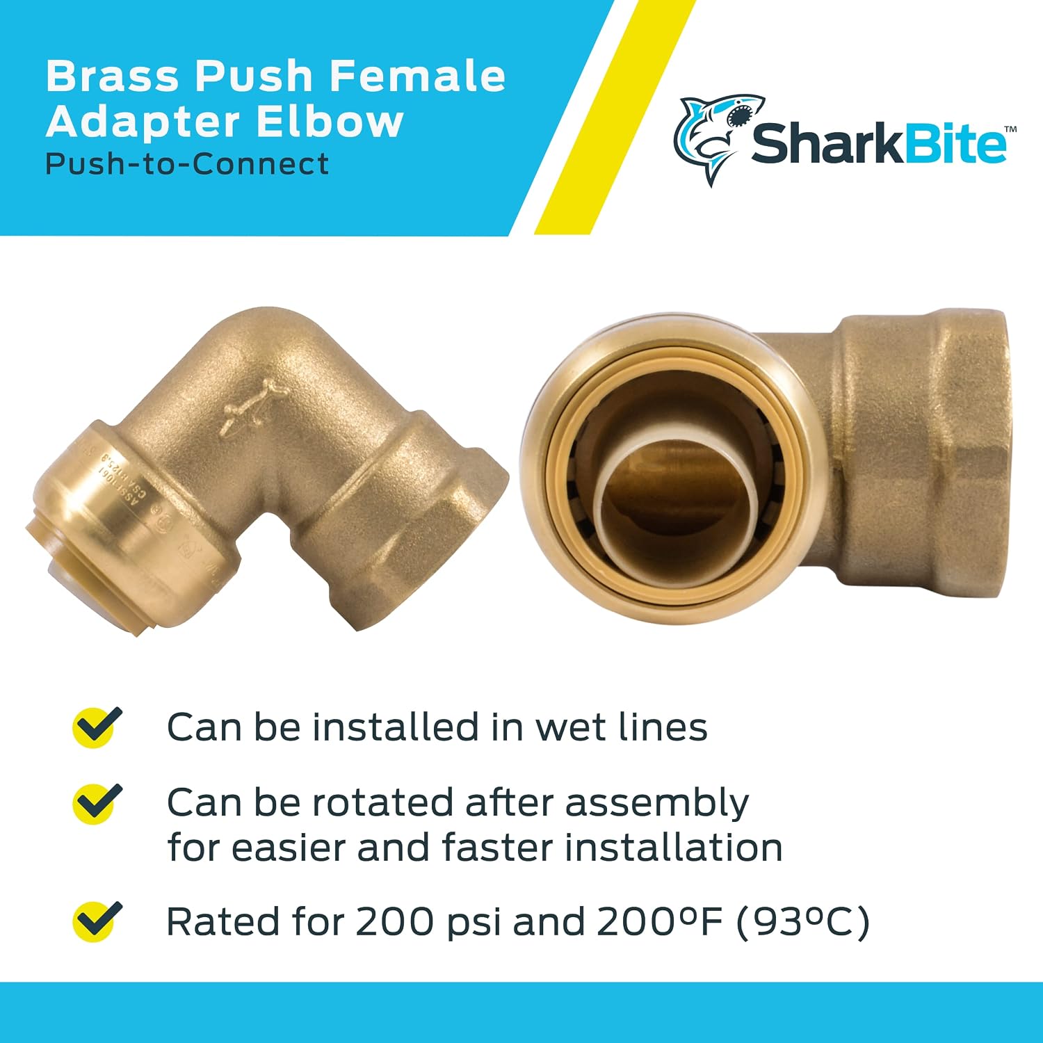 SharkBite 3/4 Inch x 3/4 Inch 90 Degree Female Adapter Elbow, Push to Connect Brass Plumbing Fitting, PEX Pipe, Copper, CPVC, PE-RT, HDPE, U314LFA
