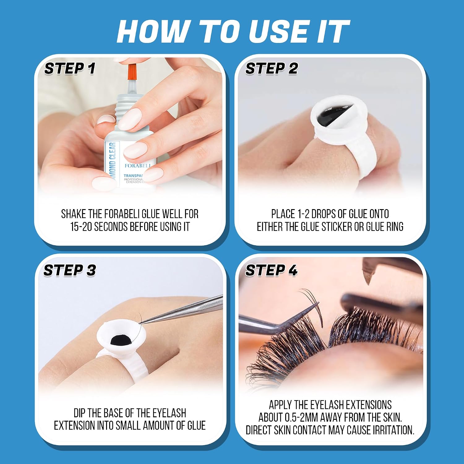 FORABELI Diamond Clear Eyelash Extension Glue | Transparent Lash Adhesive | 1-2 Second Fast Dry | 6 Weeks Retention | for Colored & Brown Lashes | Clear, 5ml