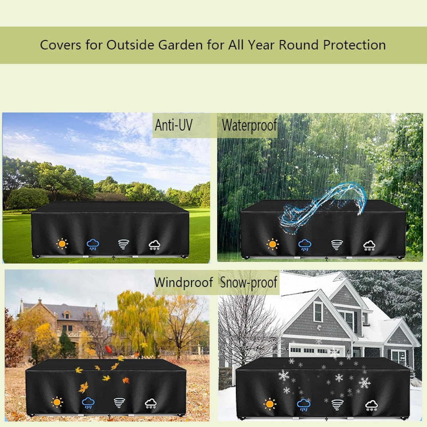 Coperchio per mobili da giardino, coperchio per tavolo impermeabile in tessuto Oxford, tavolo e sedia da giardino, coperchio antivento a forma rettangolare (nero,342x90x112cm)