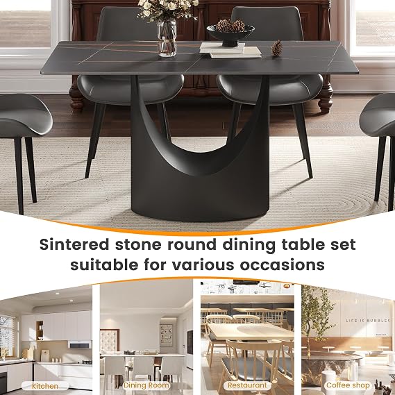 Modern Sintered Stone Dining Table for 4-6, Black Kitchen Table with U-Shaped Black Carbon Steel Pedestal & Marble Pattern Top, Rounded Corner Design, 55 W Rectangle