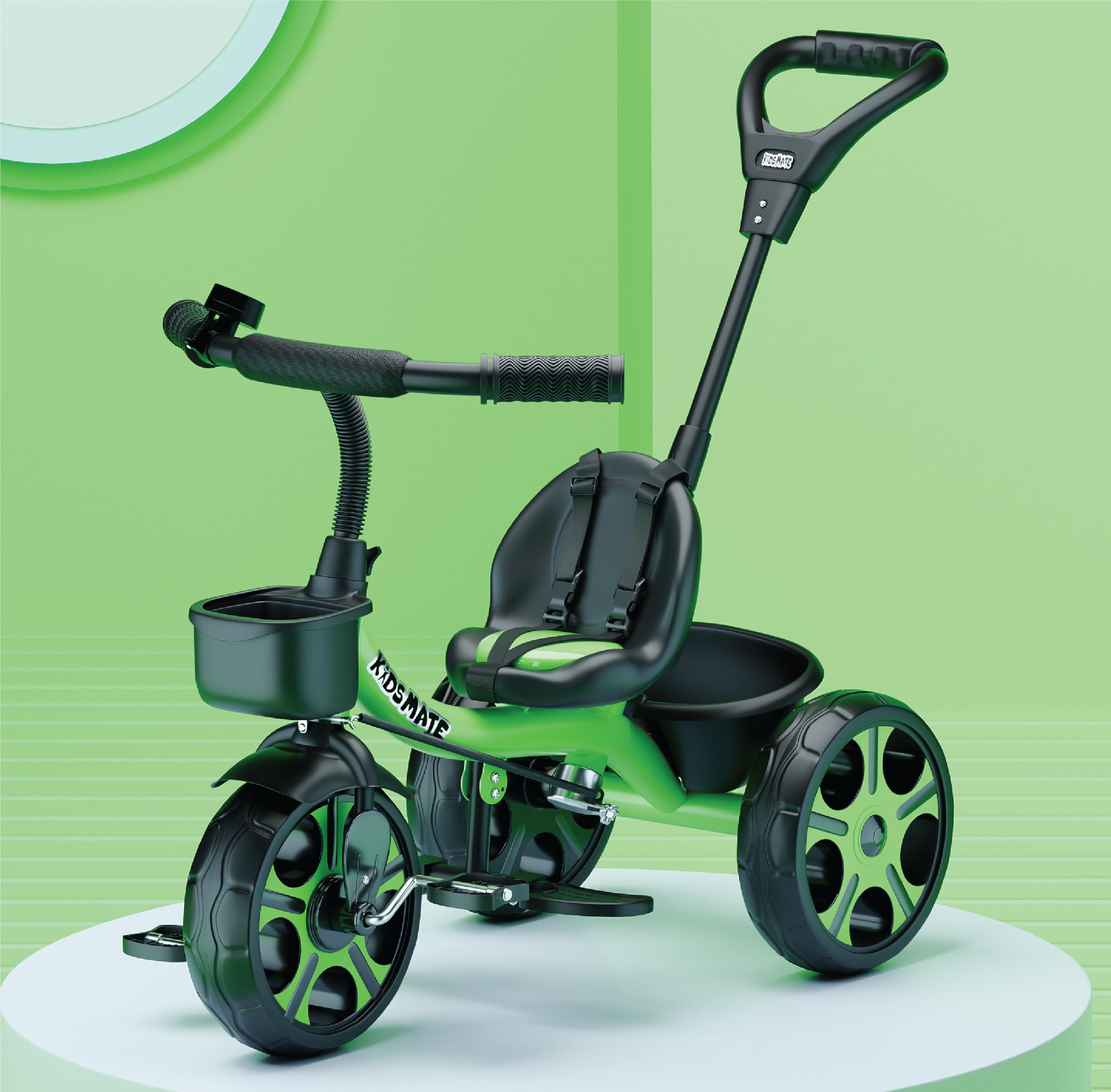 Kidsmate Junior Tricycle for Kids with Parental Control | Cycle for Kids 1-4 Years | Baby Cycle | Bicycle with Storage Basket, Cushion Seat and Seat Belt Carrying Capacity 30 Kgs (Green)