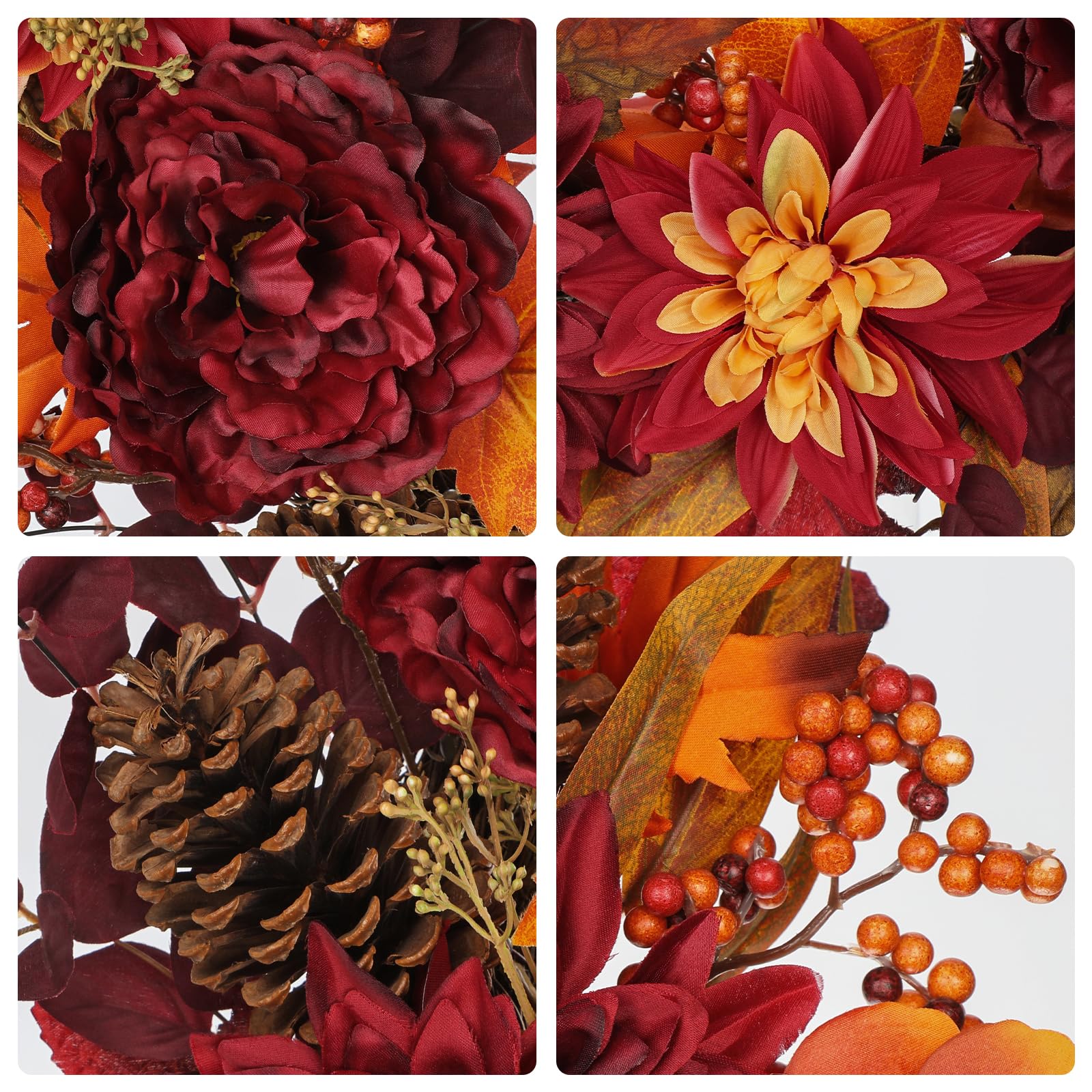 Briful Couronne d'automne 60 cm - Couronne de fleurs de dahlia artificielles - Couronne de fleurs de pin artificielles avec pommes de pin - Pour porte d'entrée - Décoration murale
